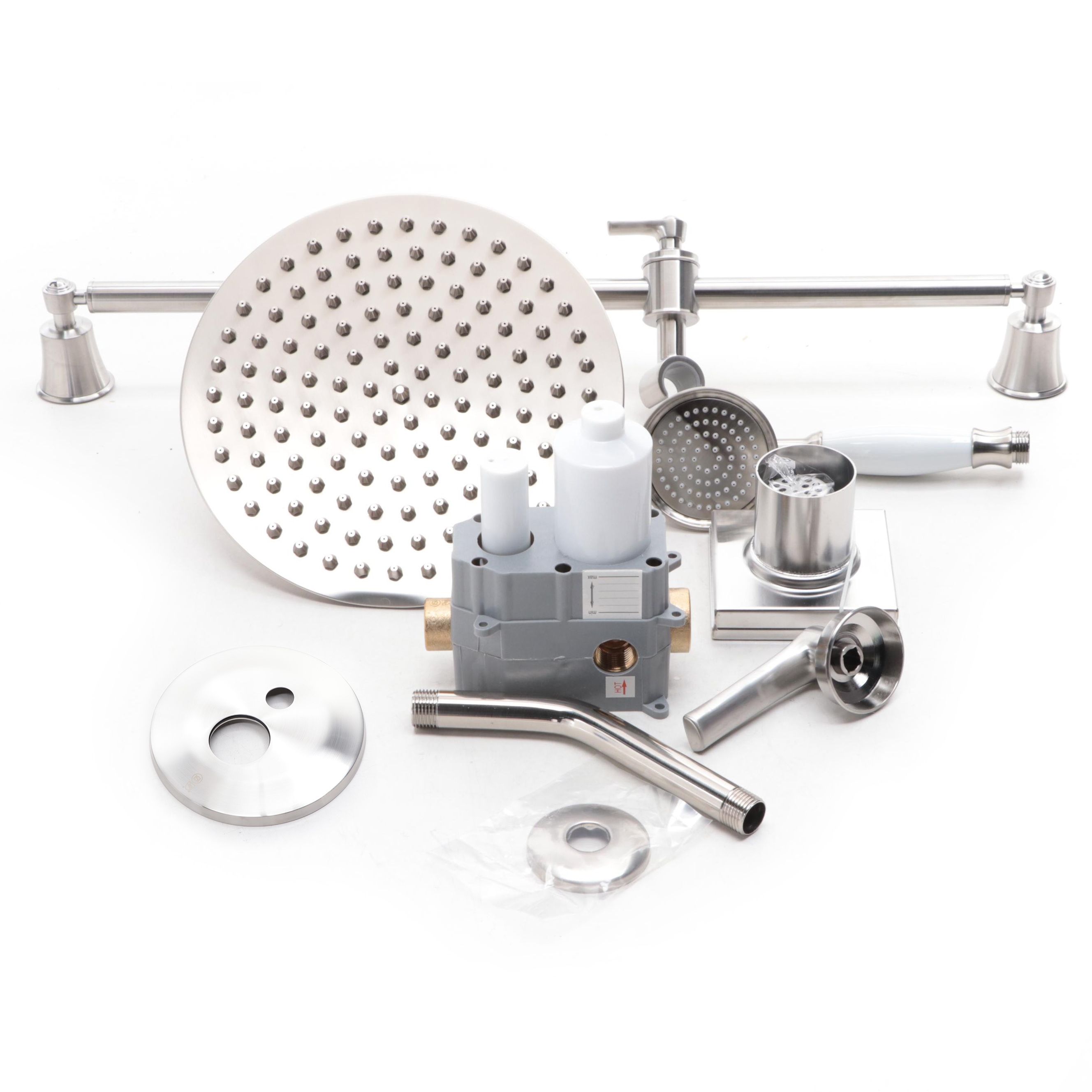 Brushed Nickel Finish Shower Valve with Diverter, Rainfall Shower Head, and More