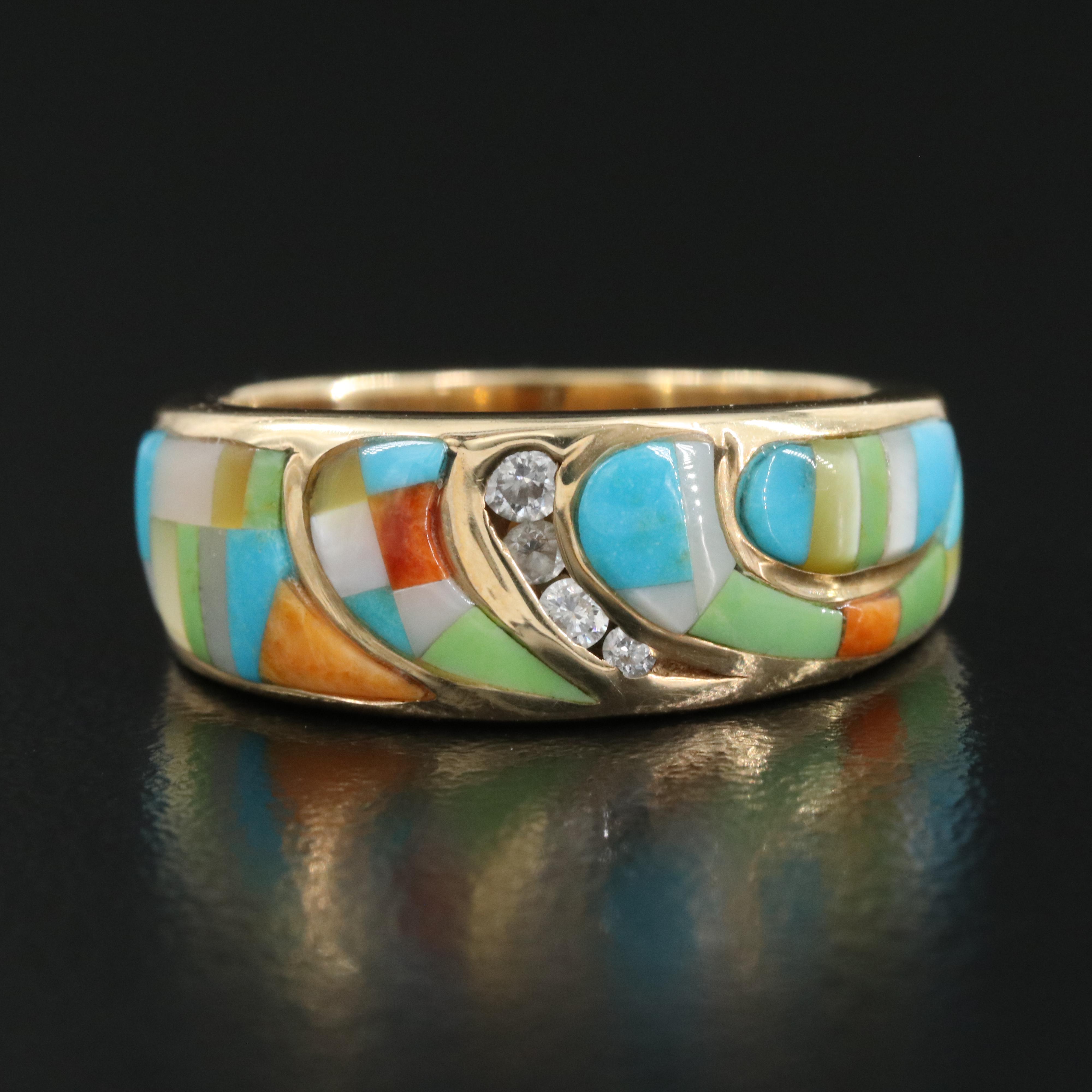 14K 0.11 CTW Diamond, Mother-of-Pearl and Turquoise Band