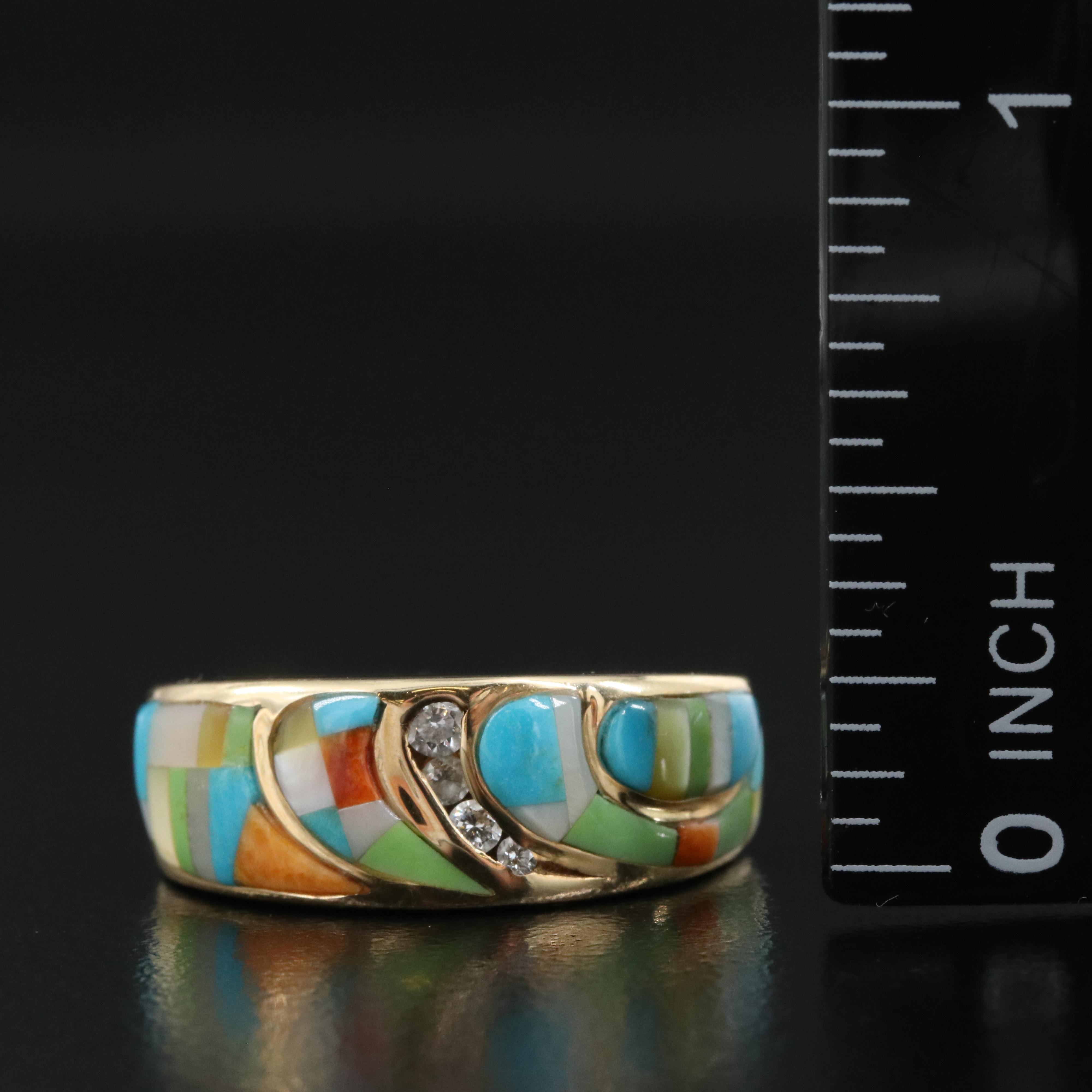 14K 0.11 CTW Diamond, Mother-of-Pearl and Turquoise Band