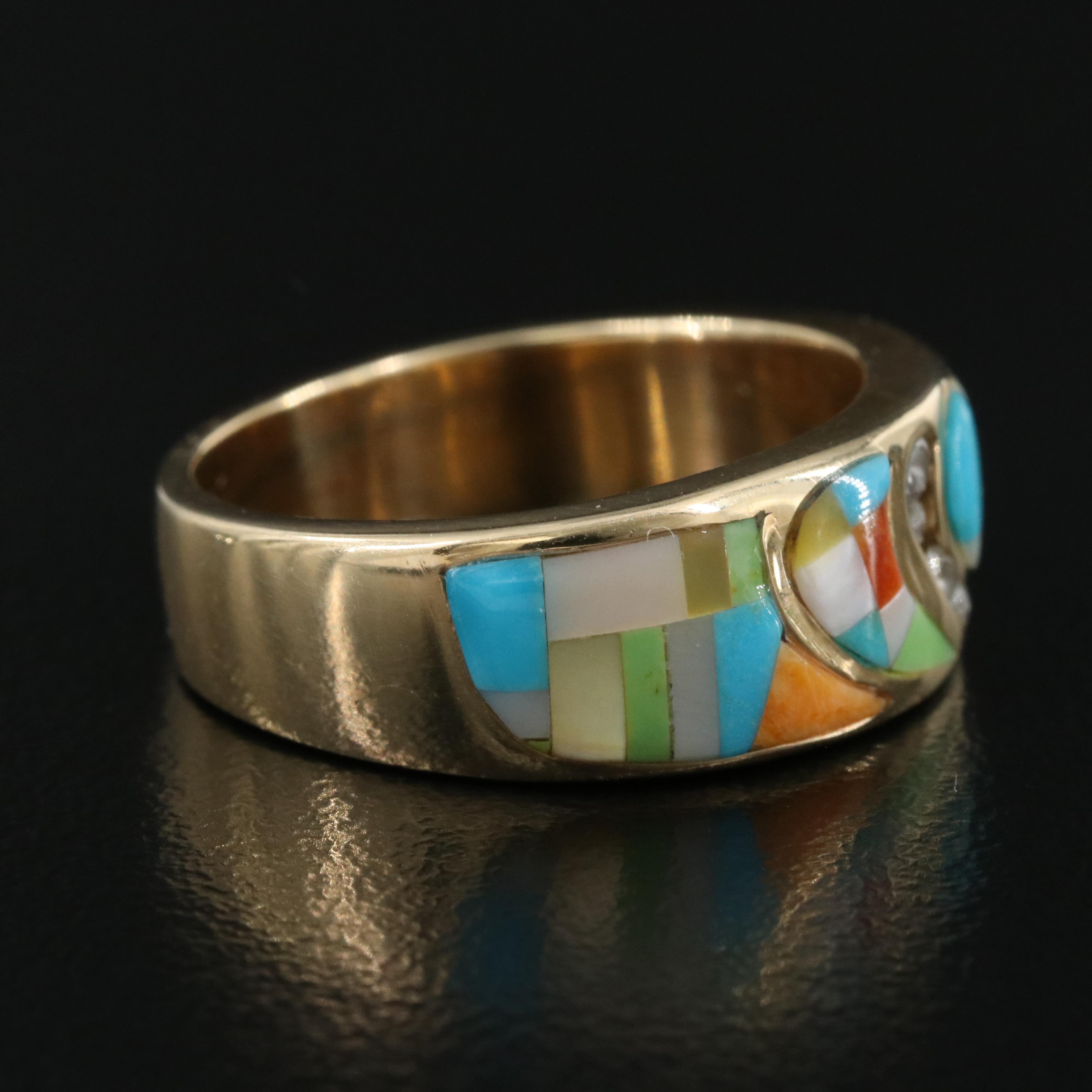 14K 0.11 CTW Diamond, Mother-of-Pearl and Turquoise Band