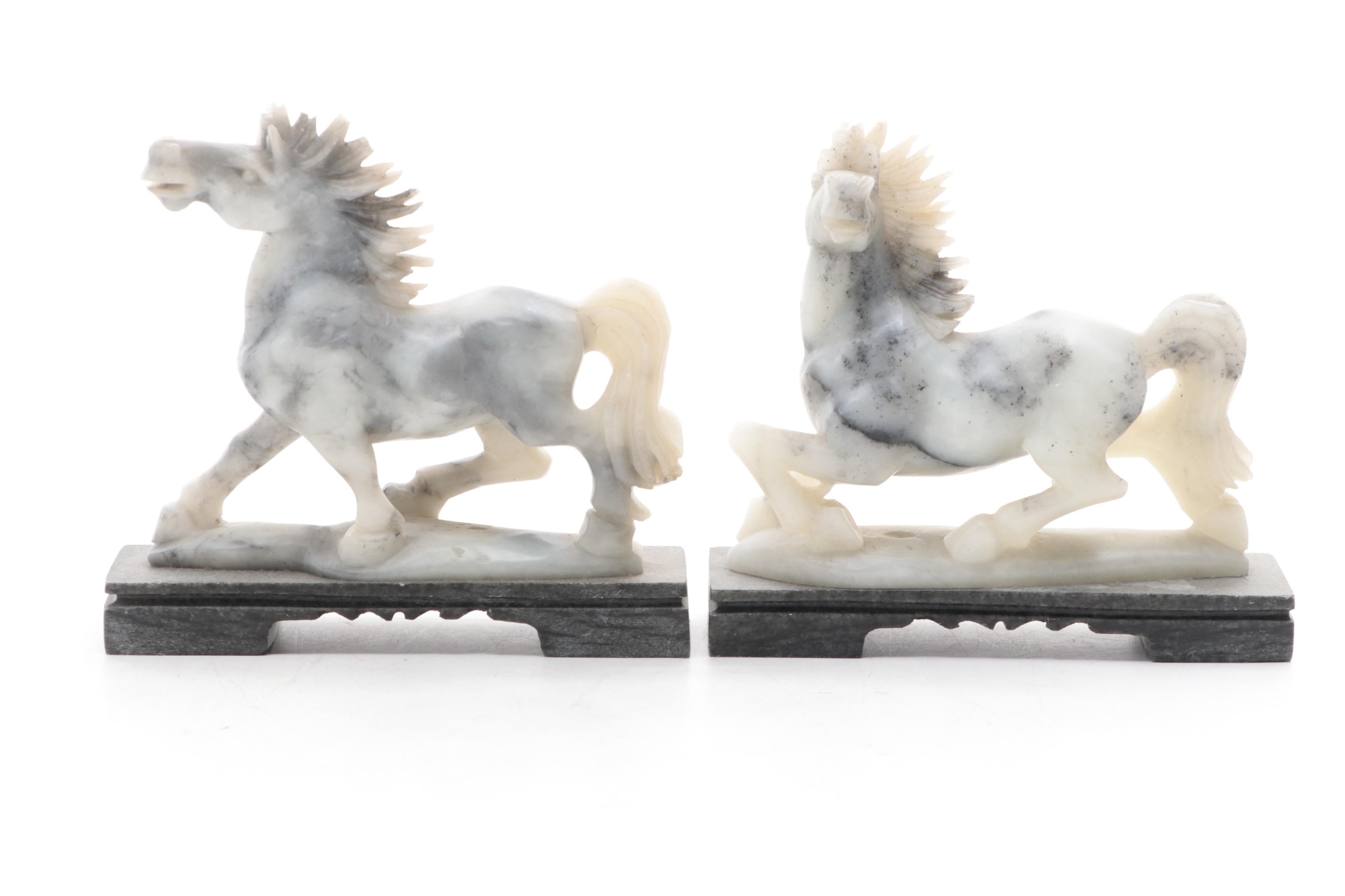 Chinese Carved Soapstone Horses on Stone Pedestals