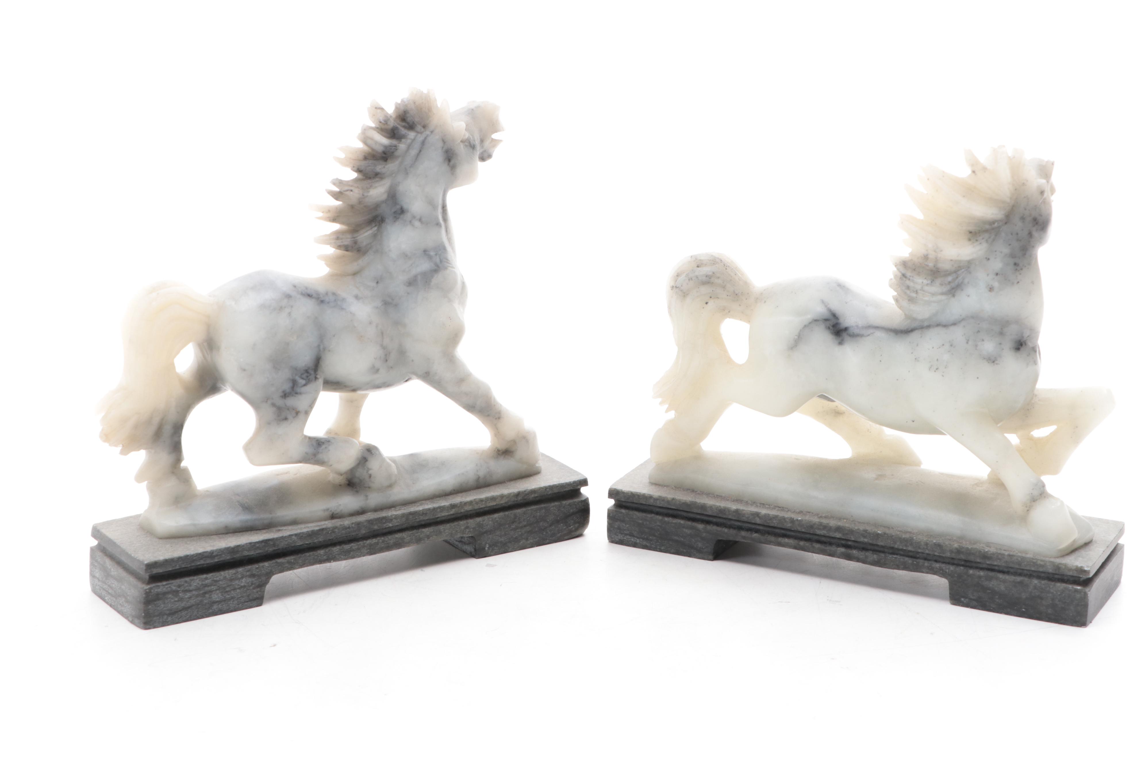 Chinese Carved Soapstone Horses on Stone Pedestals