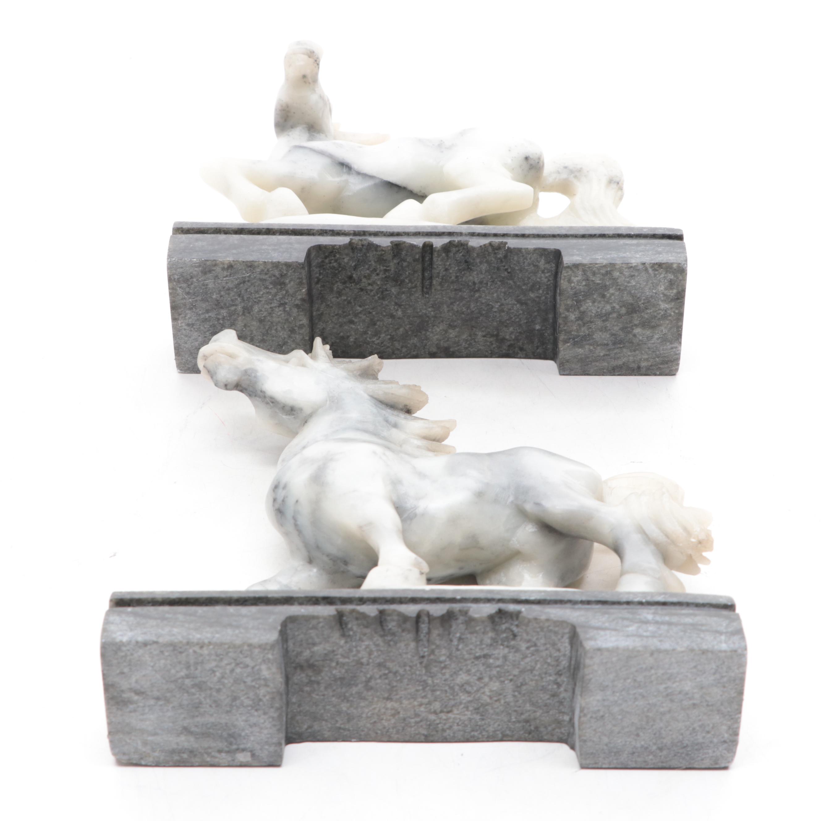 Chinese Carved Soapstone Horses on Stone Pedestals