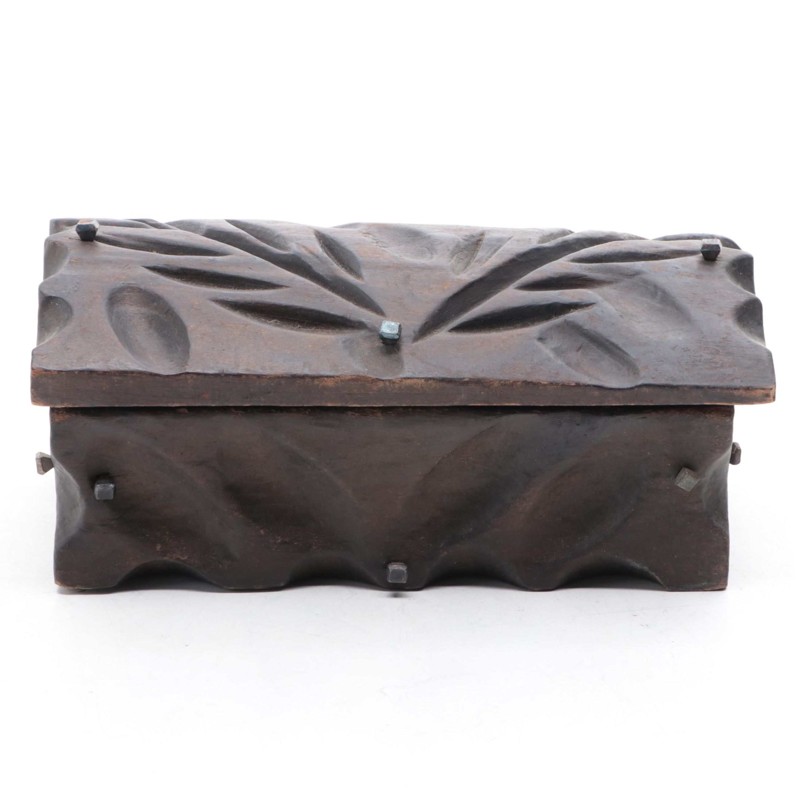 Carved Wooden Box with Square Nails