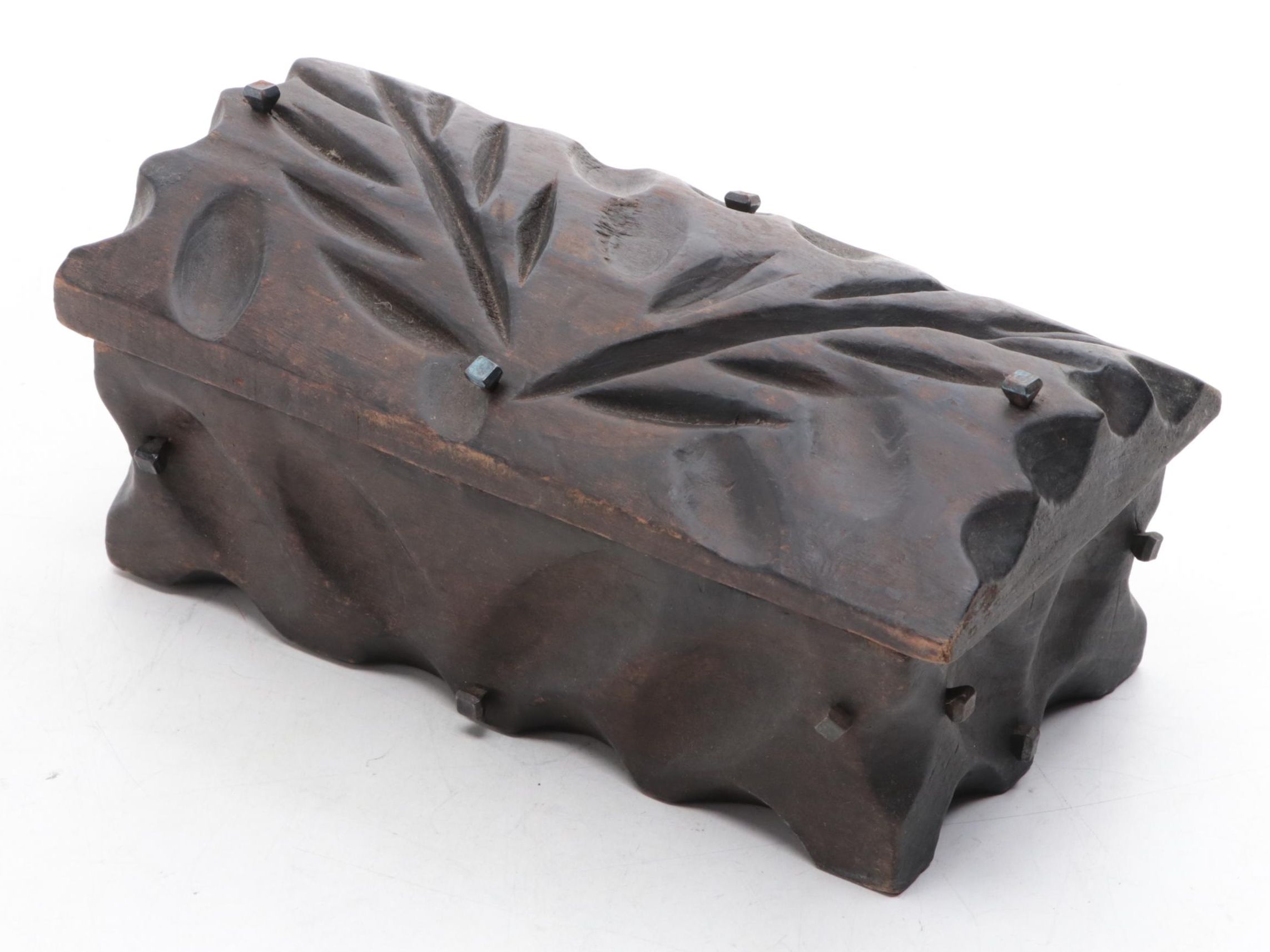 Carved Wooden Box with Square Nails