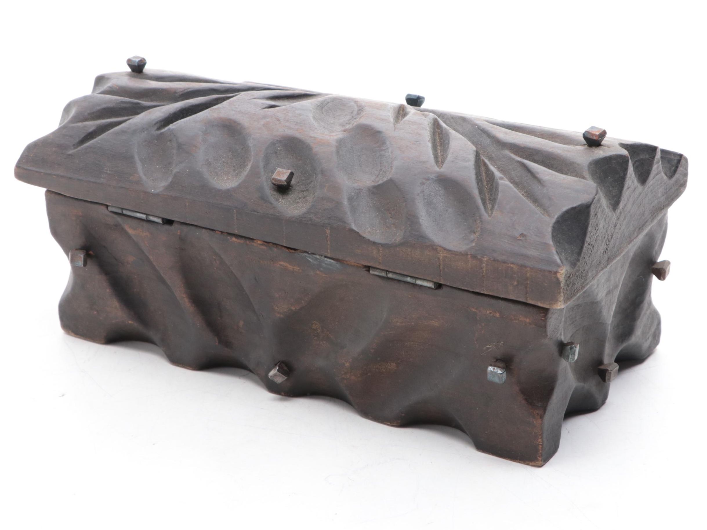 Carved Wooden Box with Square Nails