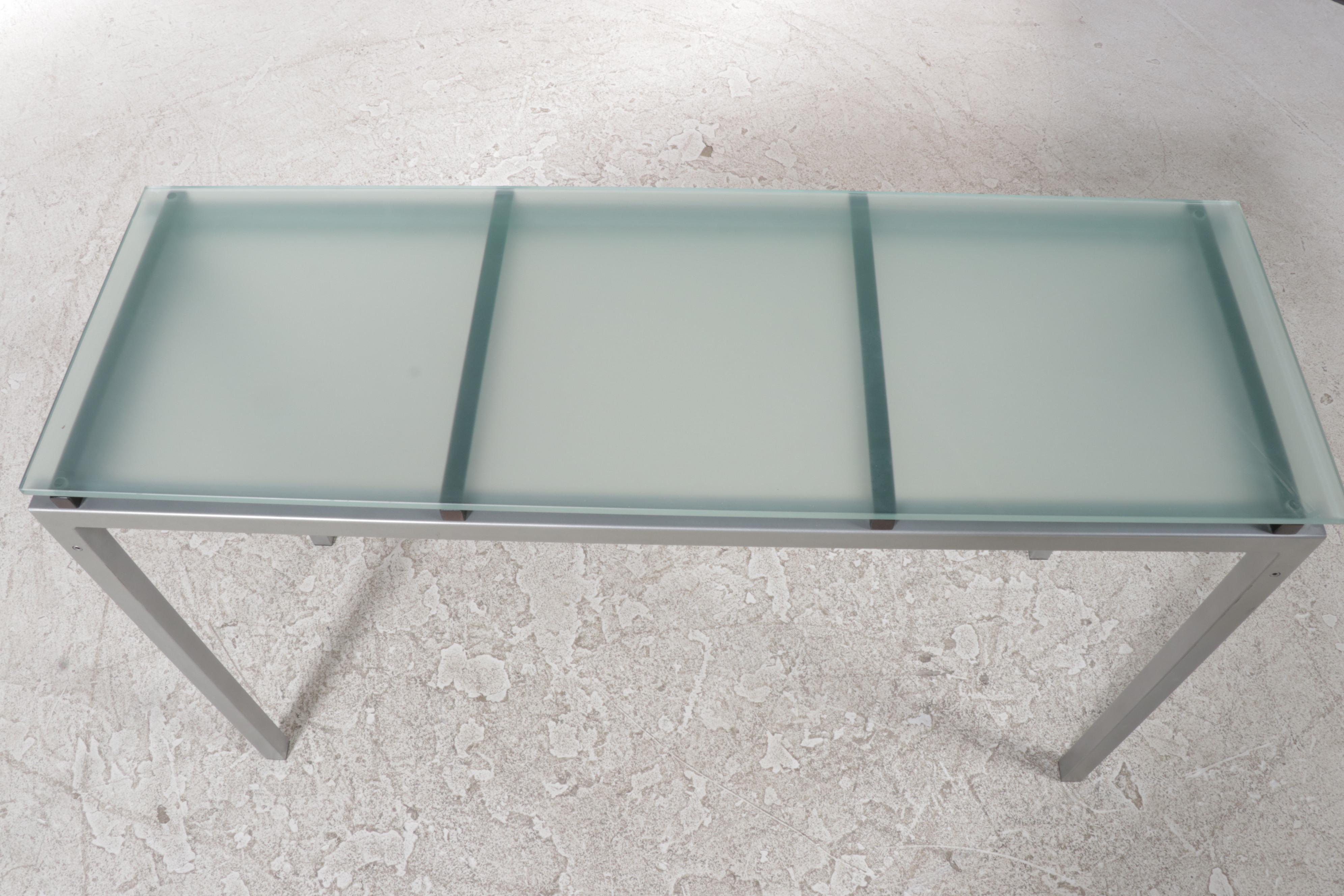 Modernist Style Metal, Slatted Wood, and Frosted Glass Console Table