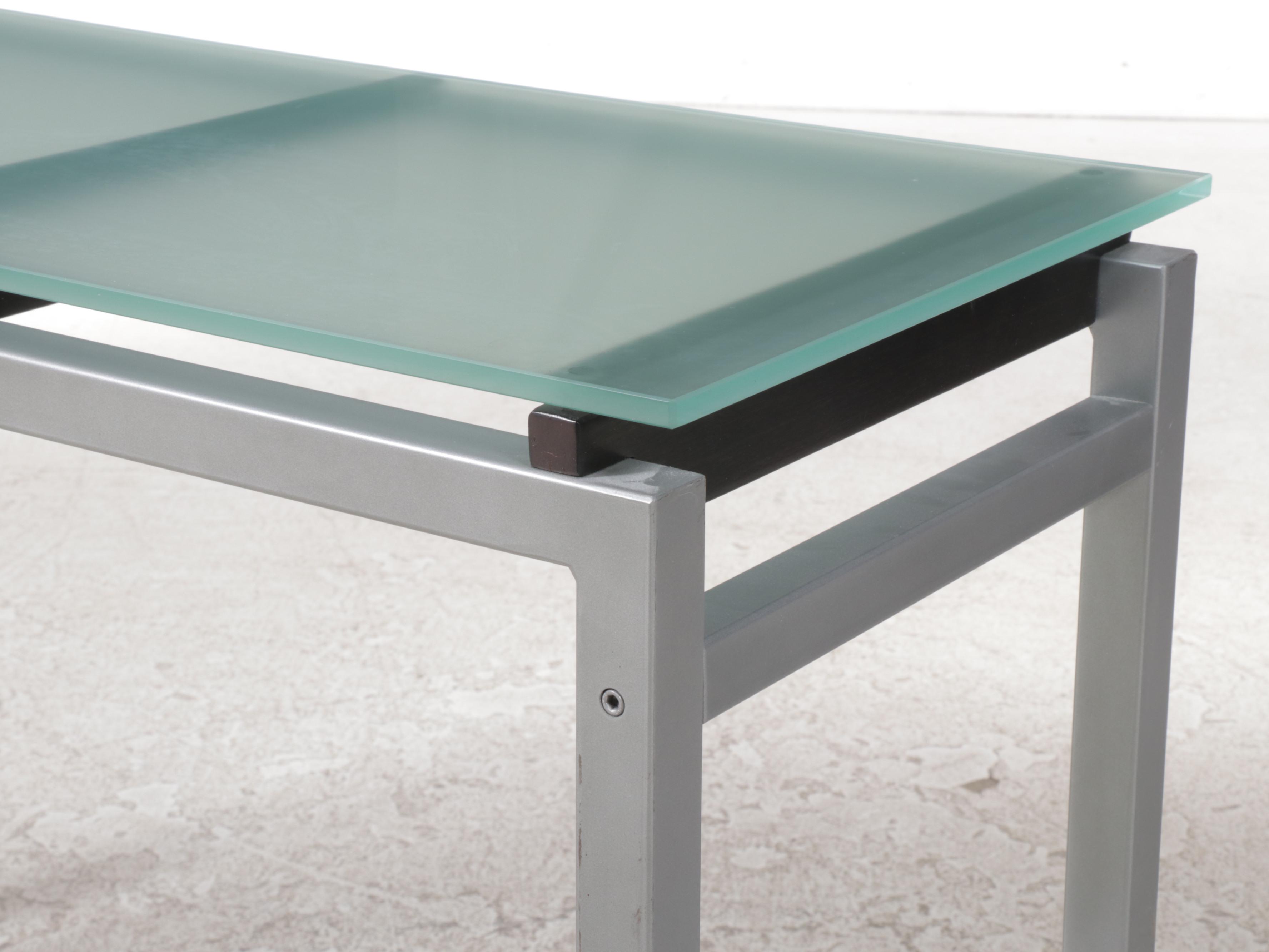 Modernist Style Metal, Slatted Wood, and Frosted Glass Console Table