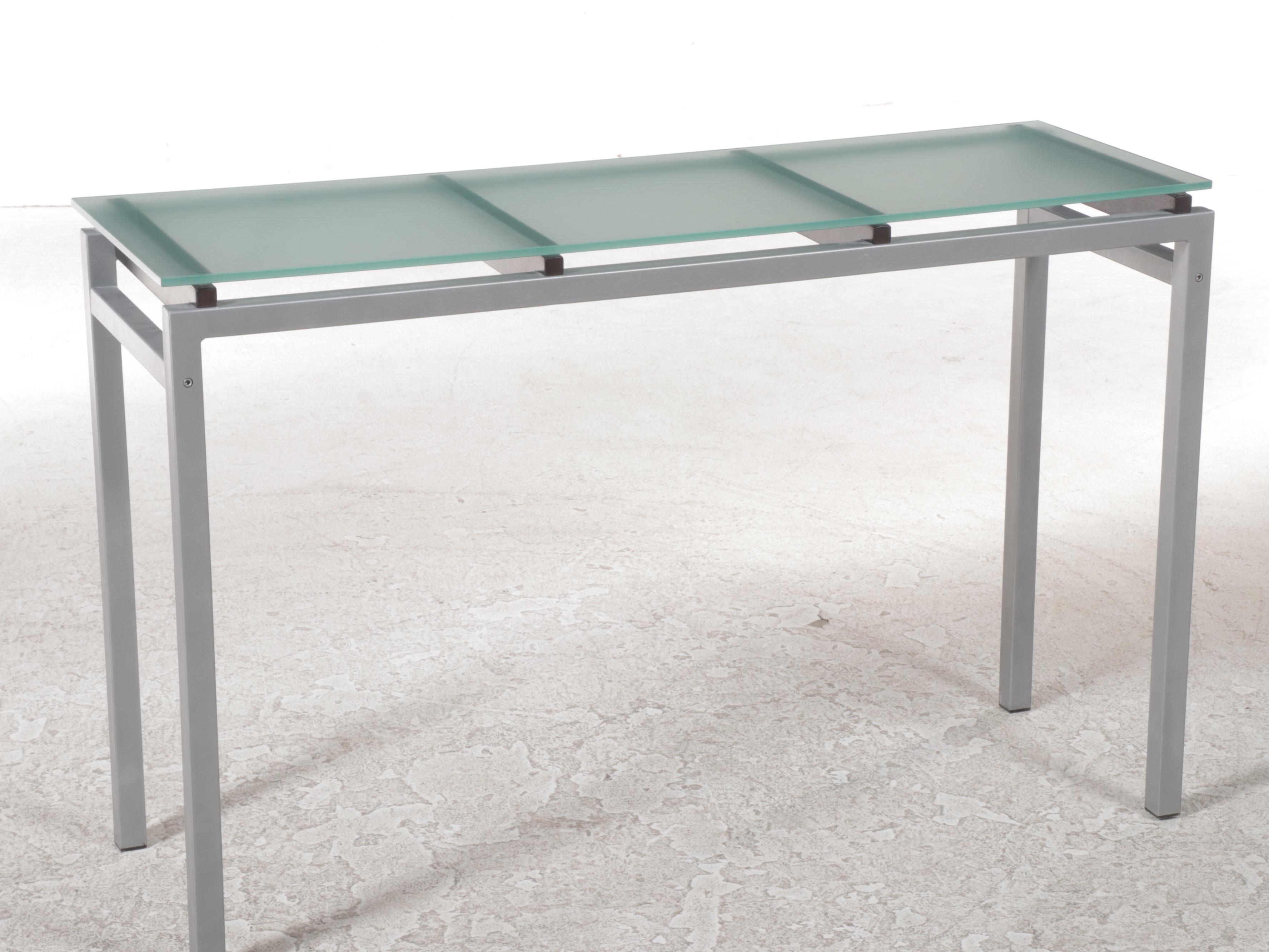 Modernist Style Metal, Slatted Wood, and Frosted Glass Console Table