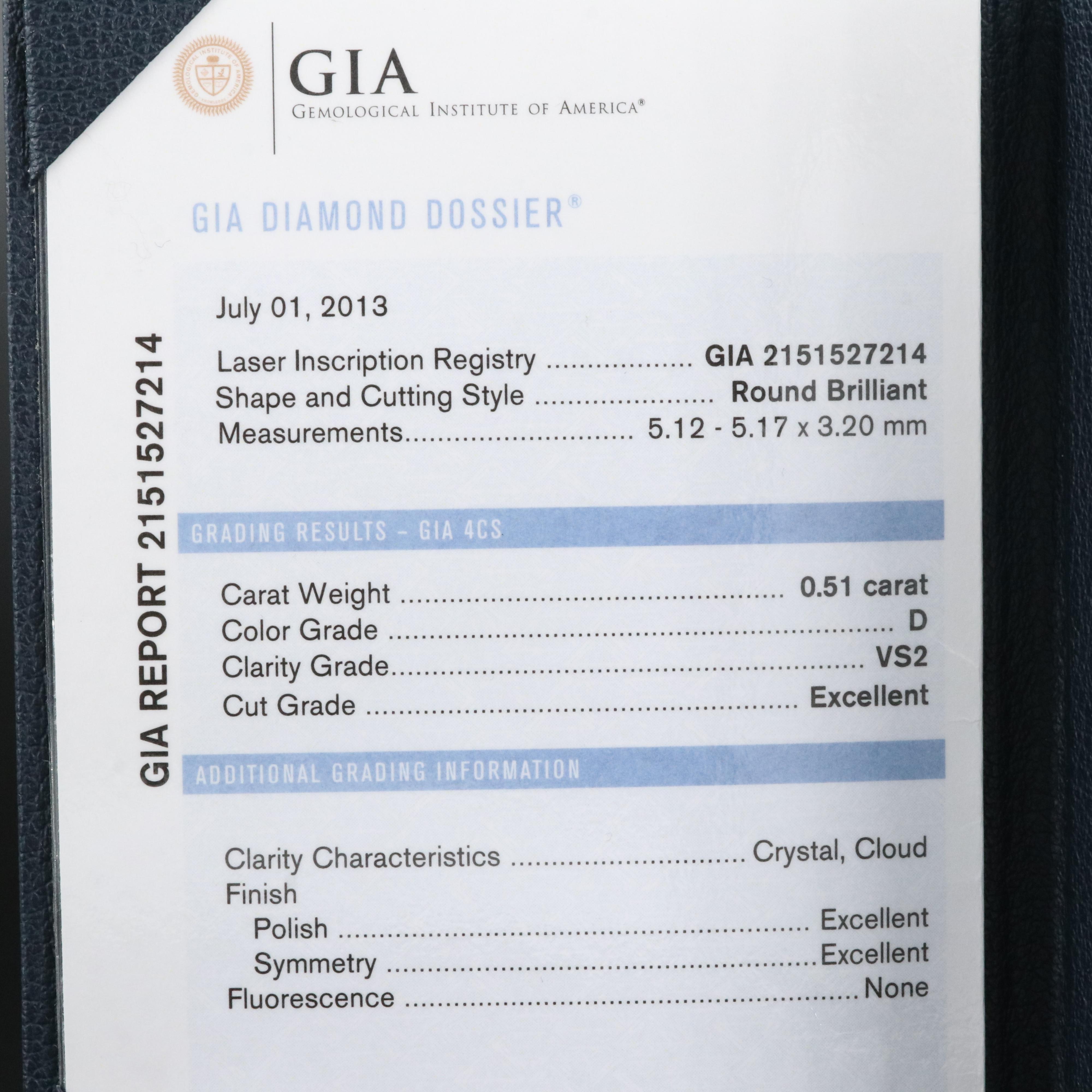 Harry Winston Platinum 0.51 CT Diamond Solitaire Ring with GIA Report