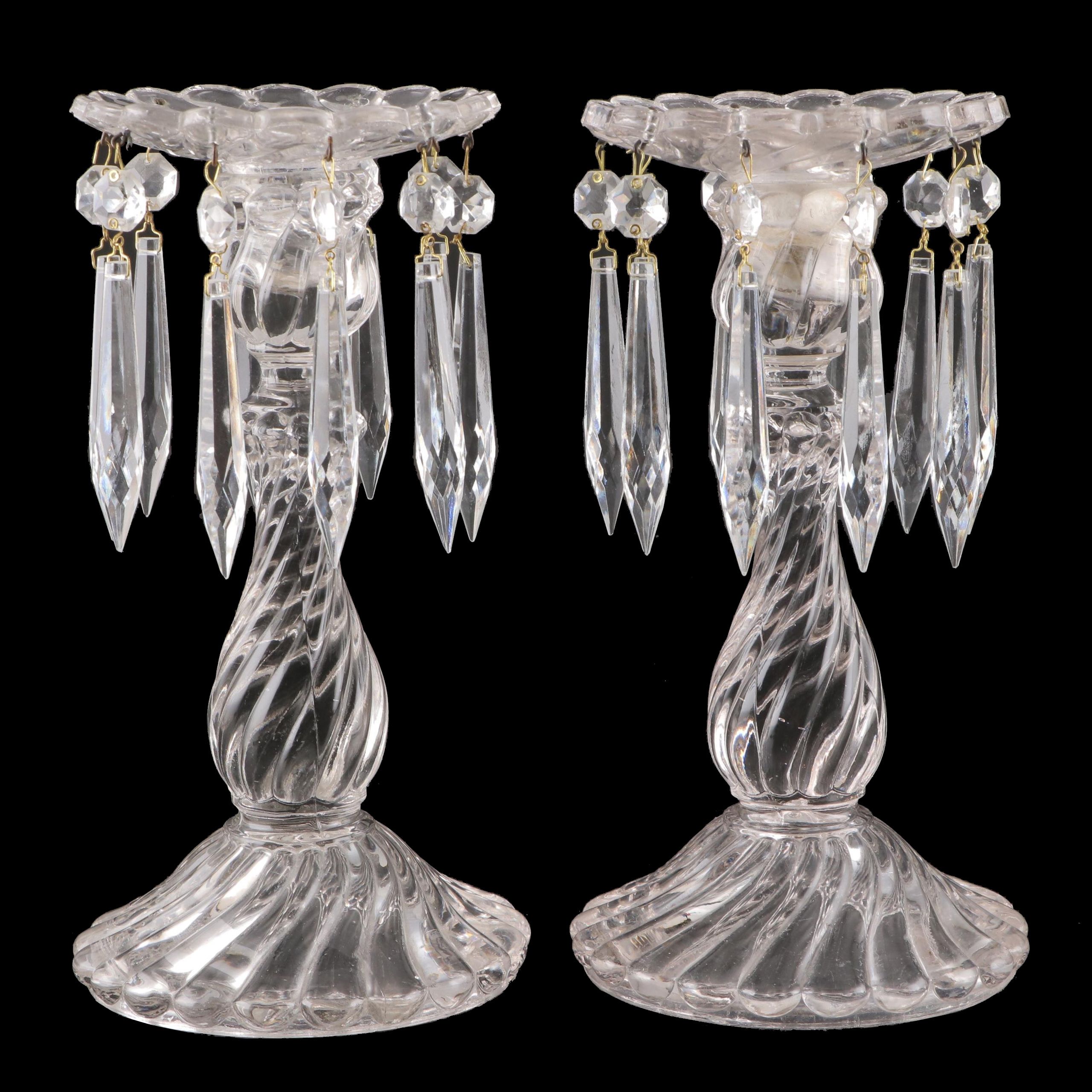 Pair of Swirled Glass Candle Holders with Faceted Prisms, Mid-20th Century