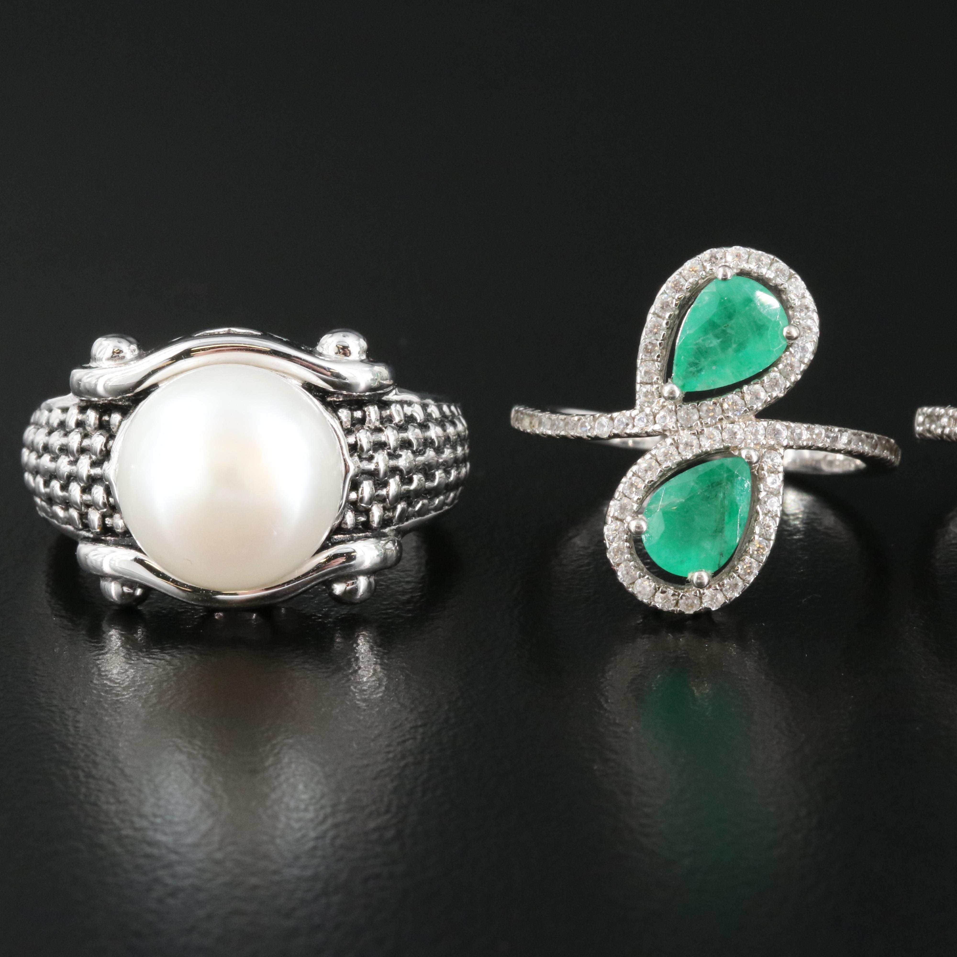 Sterling Rings Including Honora, Pearl, Emerald and Diamond
