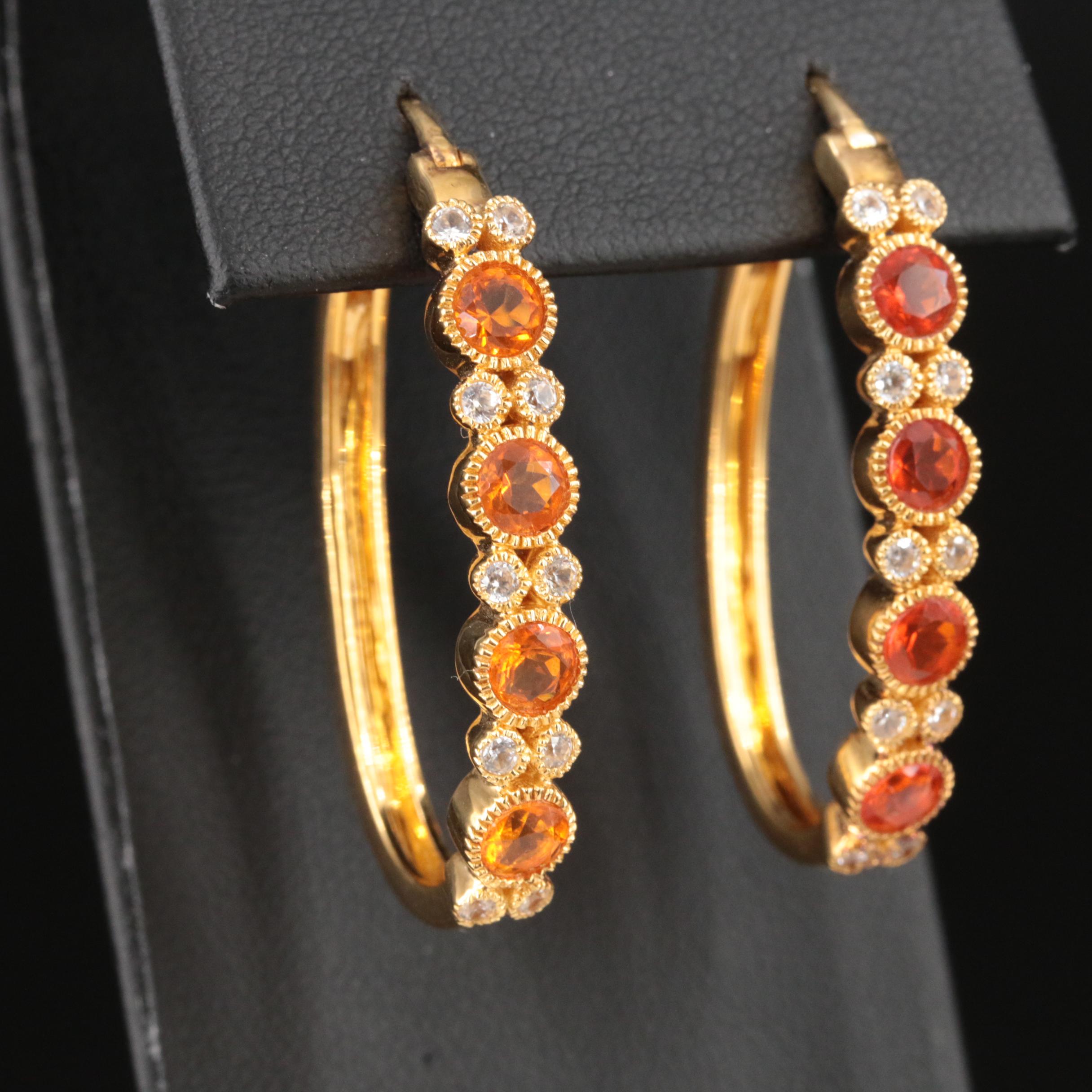 Sterling Fire Opal and White Zirconia Oval Hoop Earrings