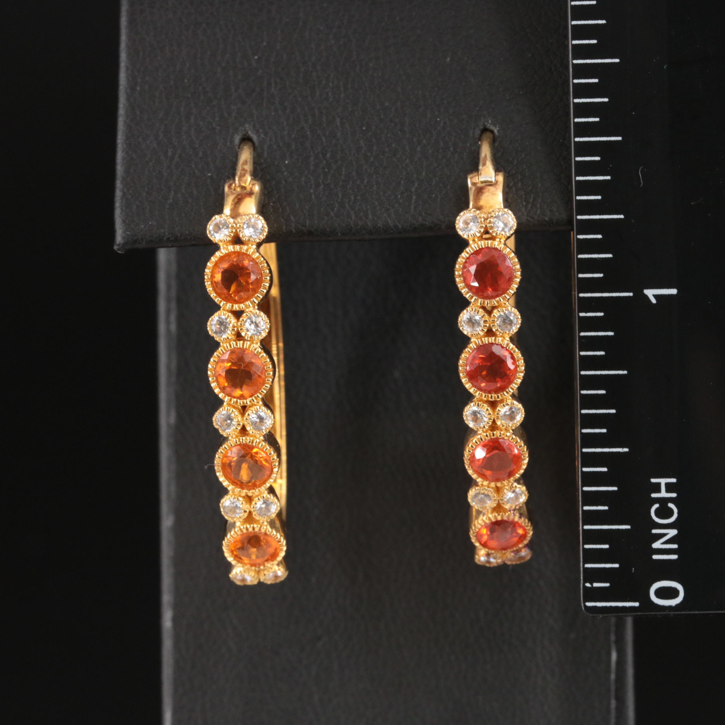 Sterling Fire Opal and White Zirconia Oval Hoop Earrings