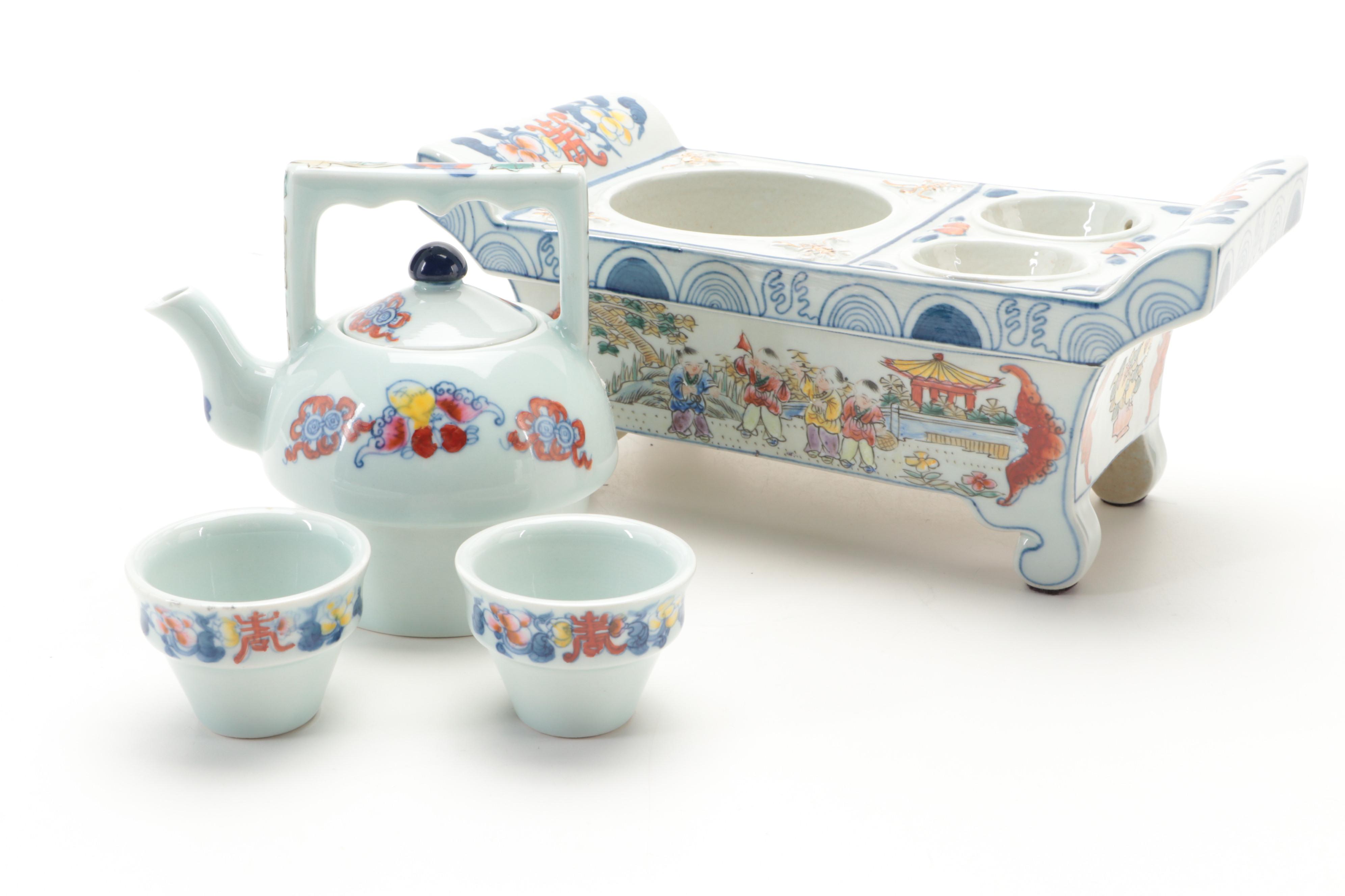 Chinese Porcelain Tea Set with Stand, 20th Century