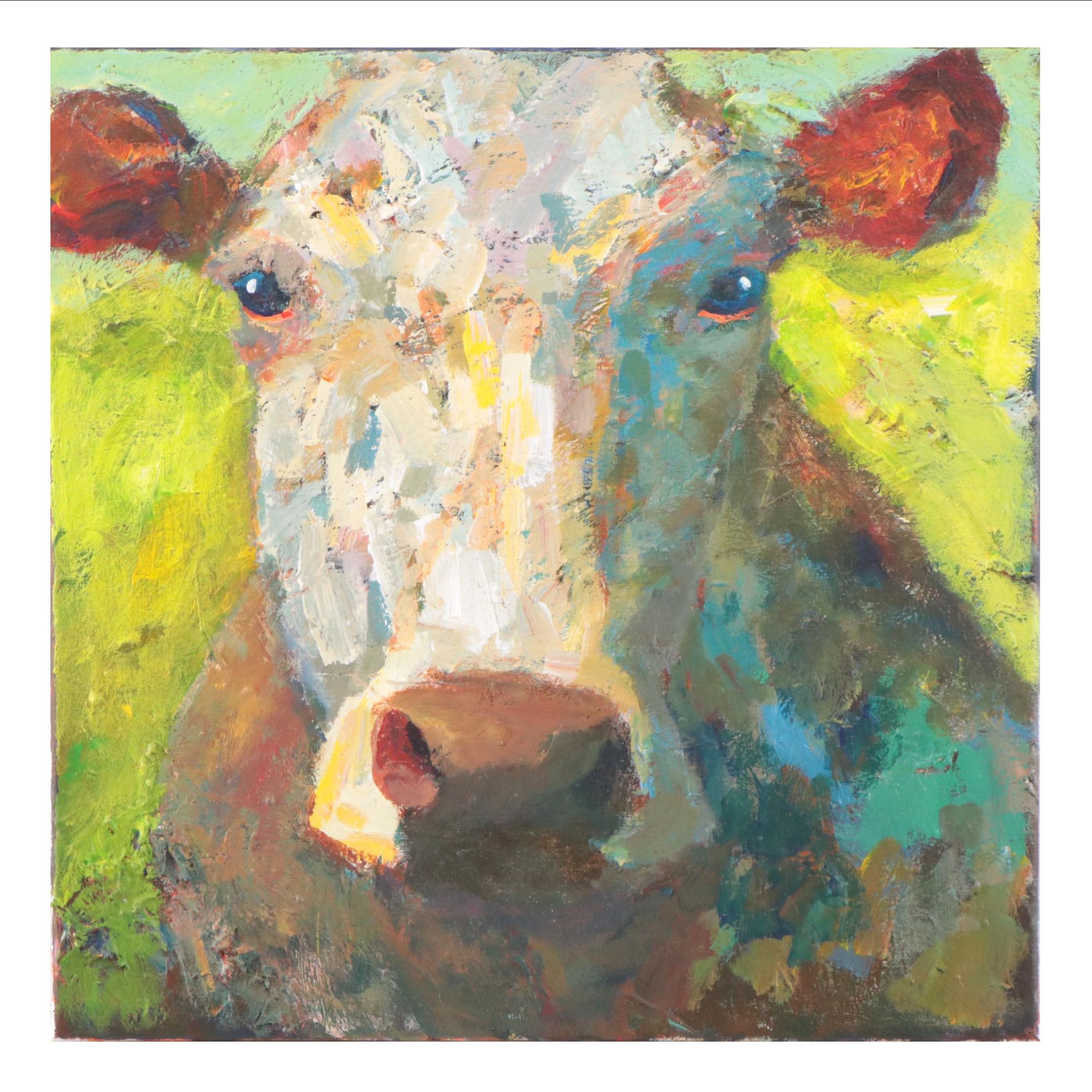 Elle Raines Acrylic Painting of Cow, 21st Century