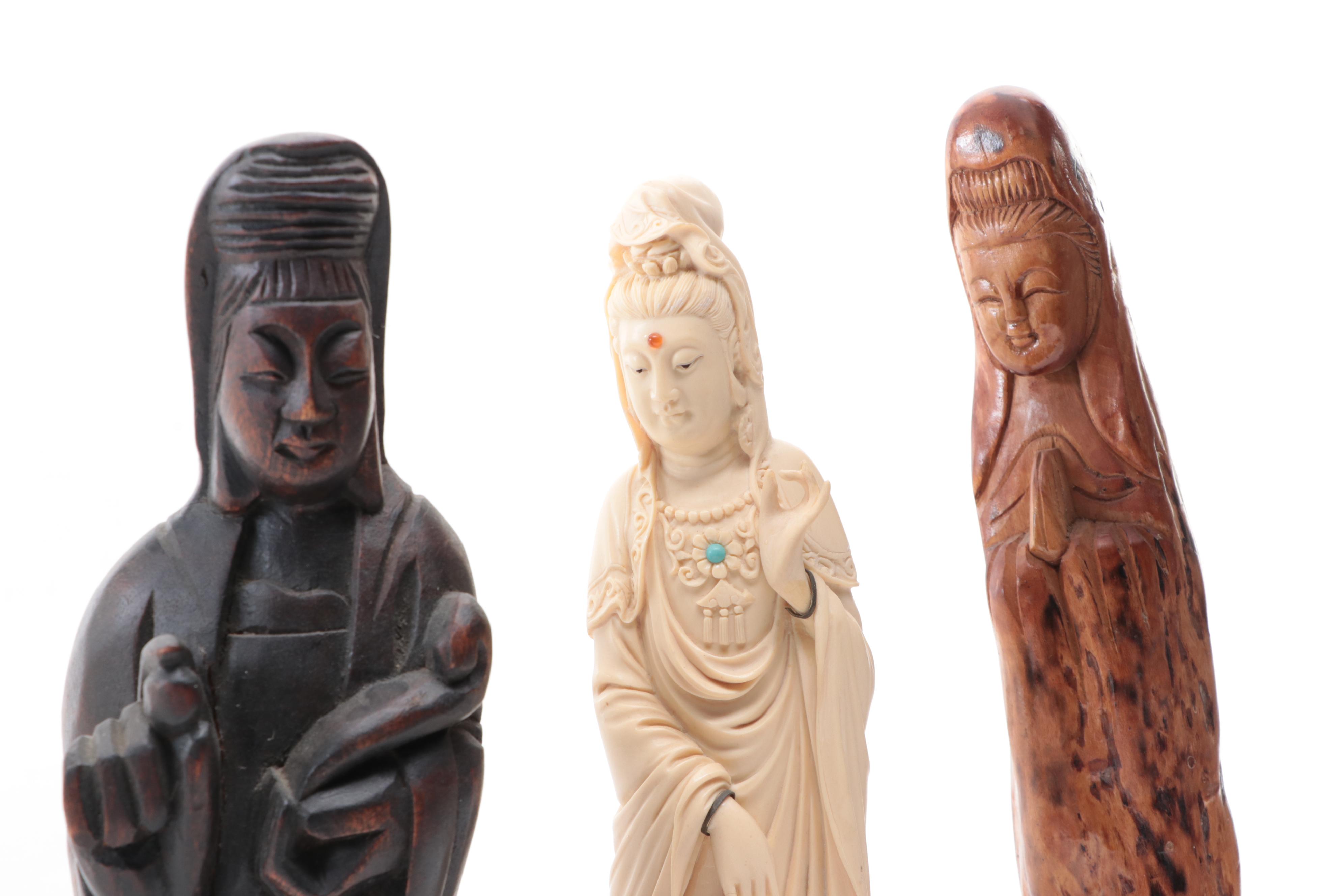 Chinese Cast Resin and Carved Wood Figures of Guan Yin