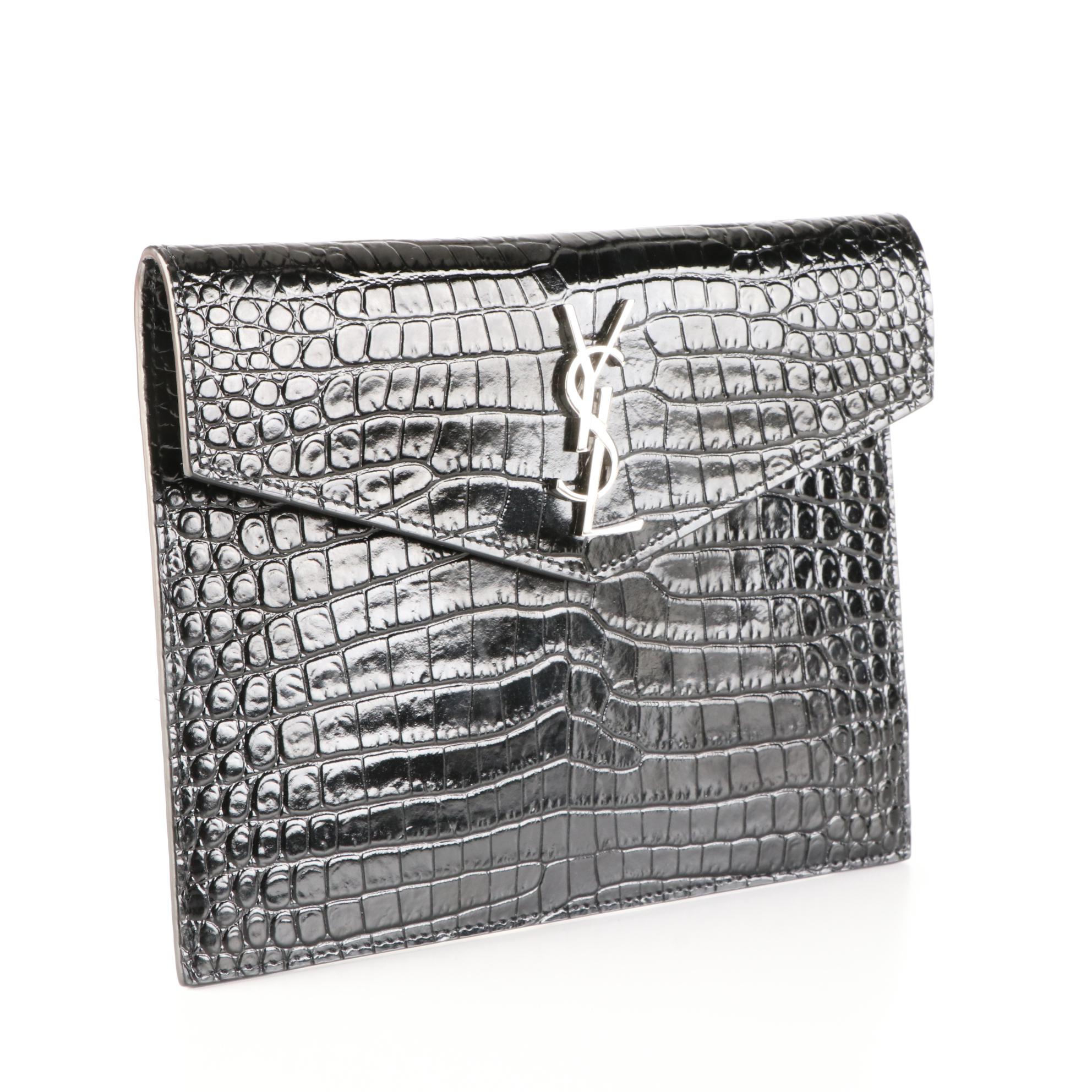 Saint Laurent Uptown Pouch in Croc-Embossed Leather with Box