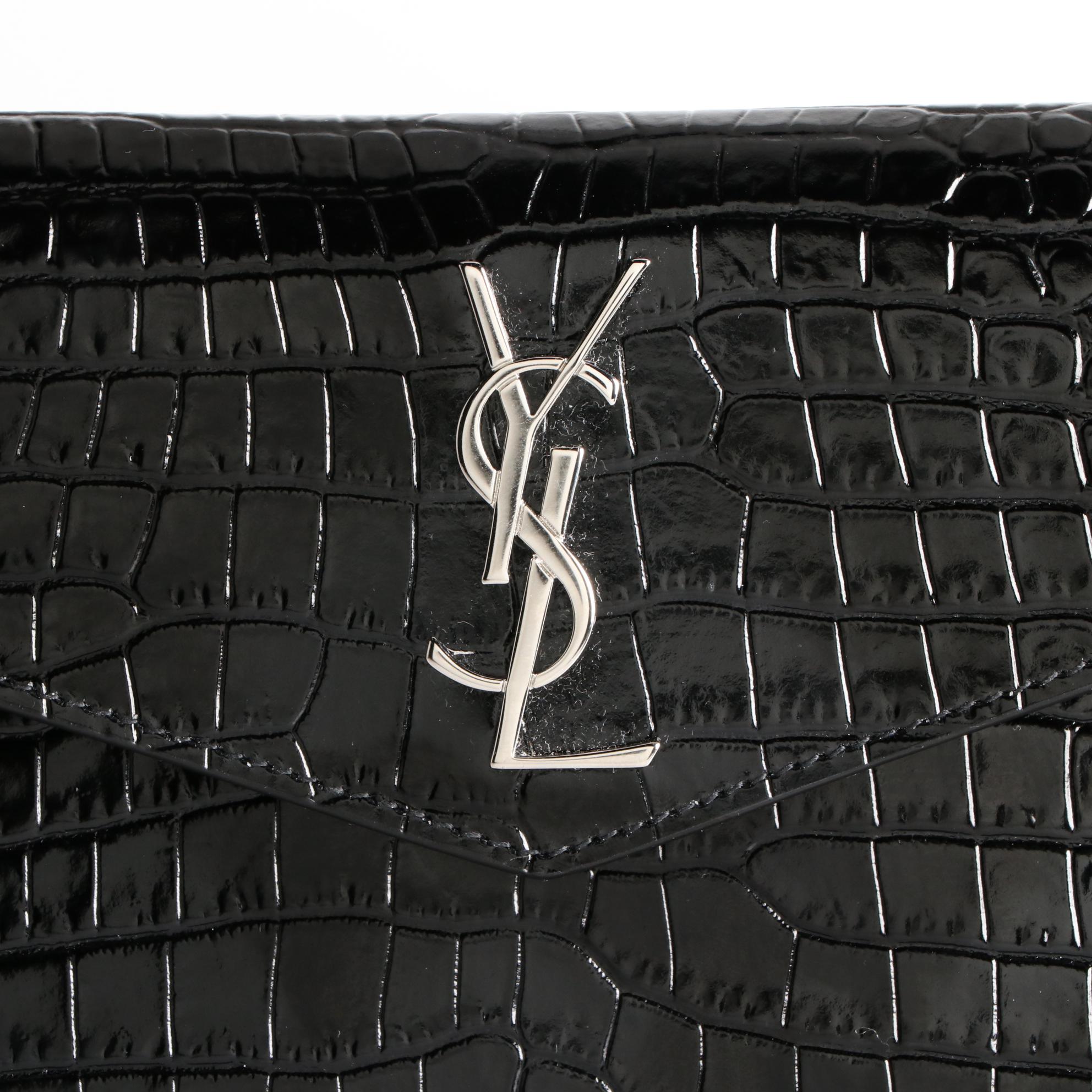 Saint Laurent Uptown Pouch in Croc-Embossed Leather with Box