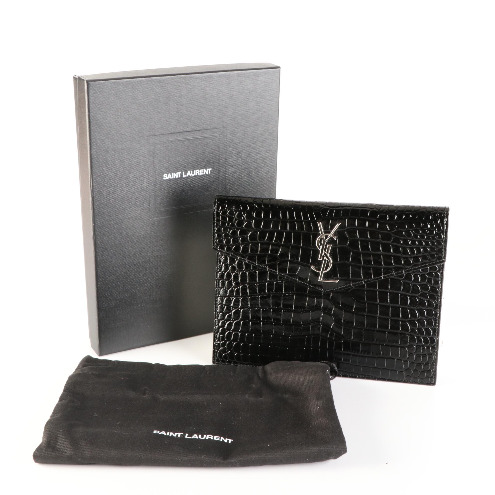 Saint Laurent Uptown Pouch in Croc-Embossed Leather with Box
