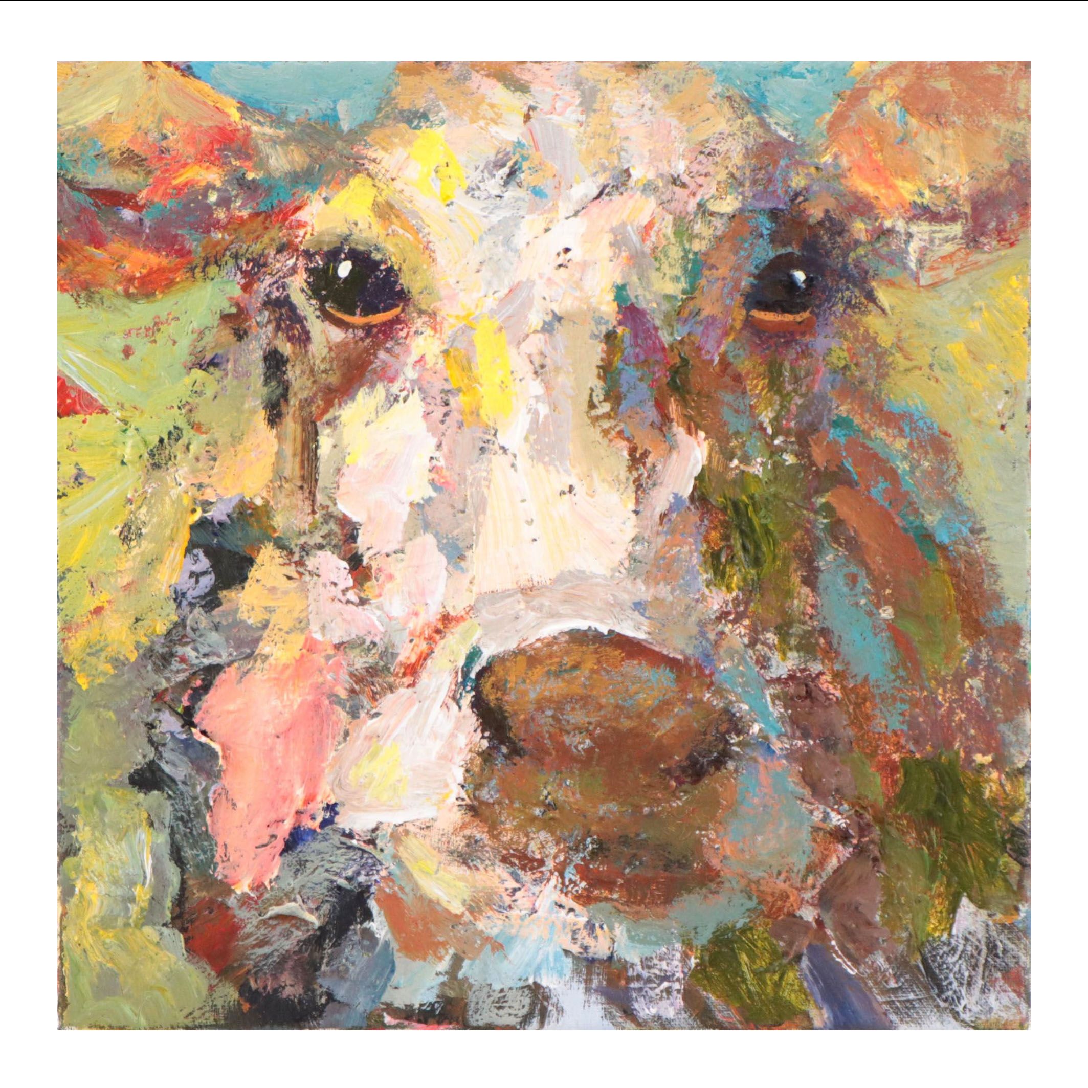 Elle Raines Acrylic Painting of Cow, 21st Century