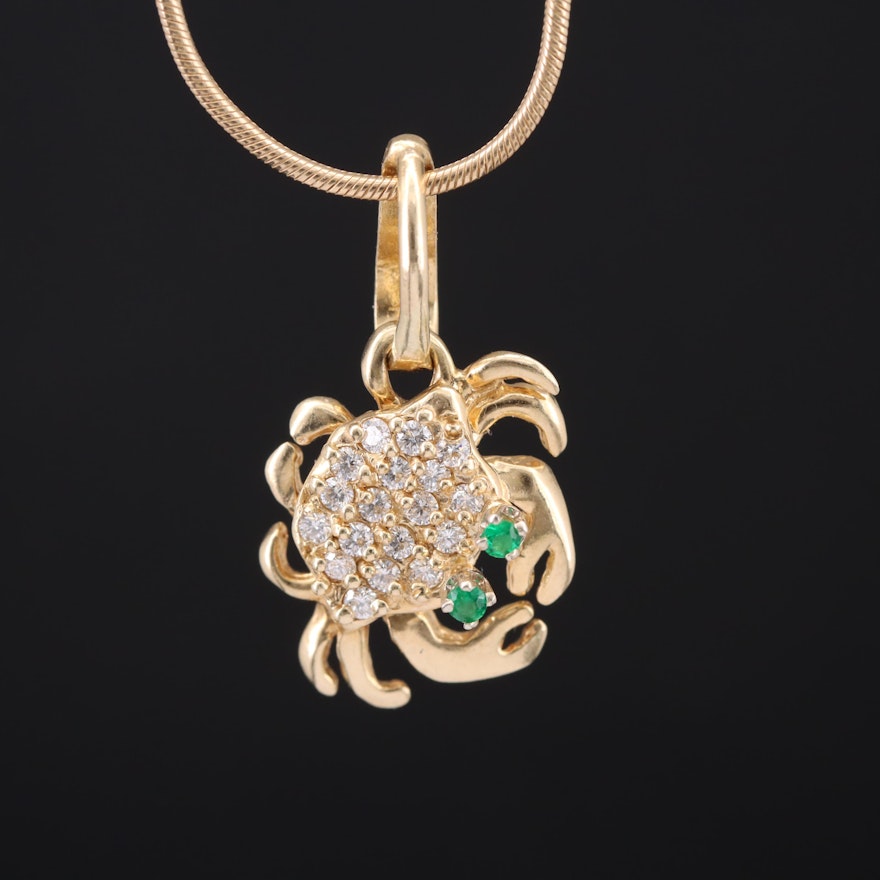 14K Diamond and Emerald Crab Pendant Necklace