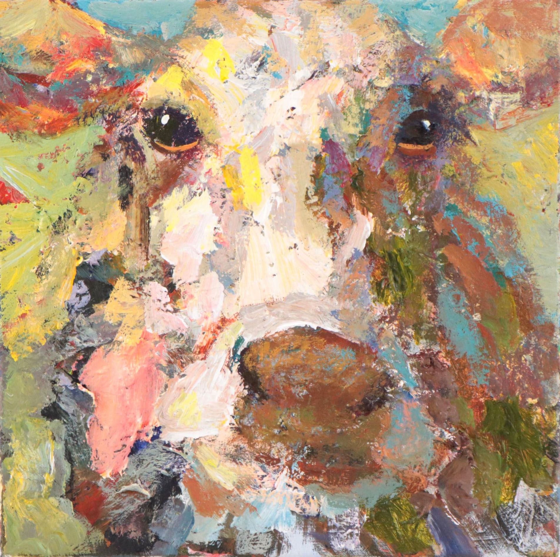 Elle Raines Acrylic Painting of Cow, 21st Century