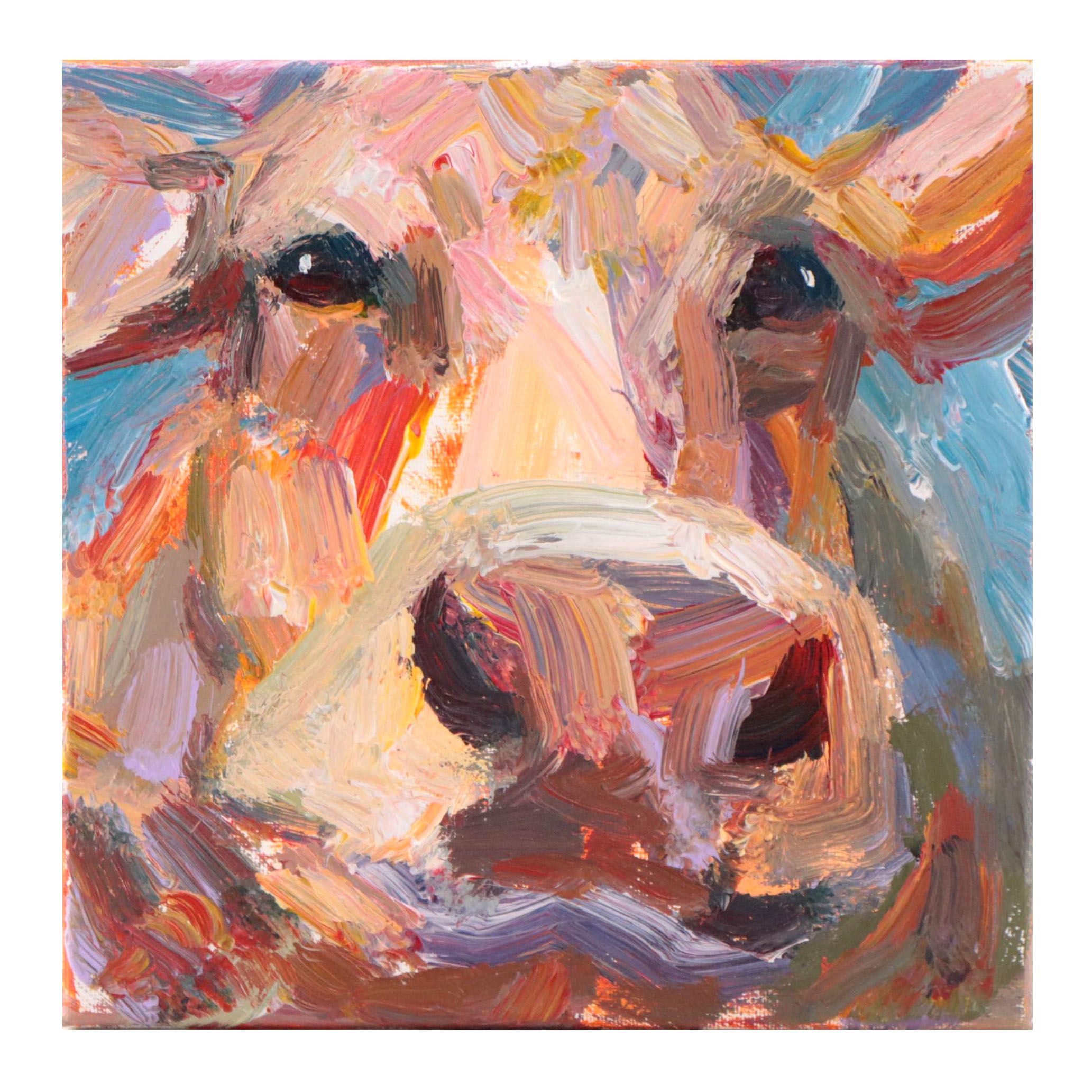 Elle Raines Acrylic Painting of Cow, 21st Century