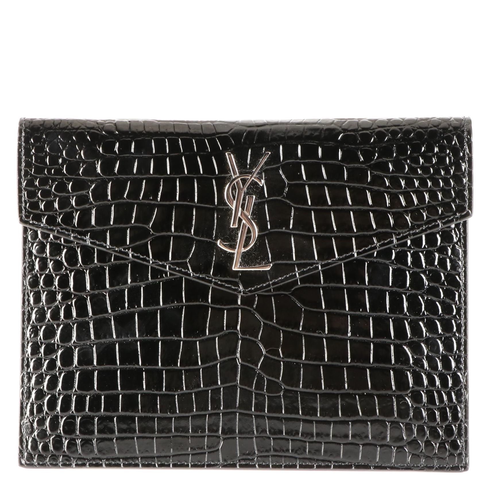Saint Laurent Uptown Pouch in Croc-Embossed Leather with Box