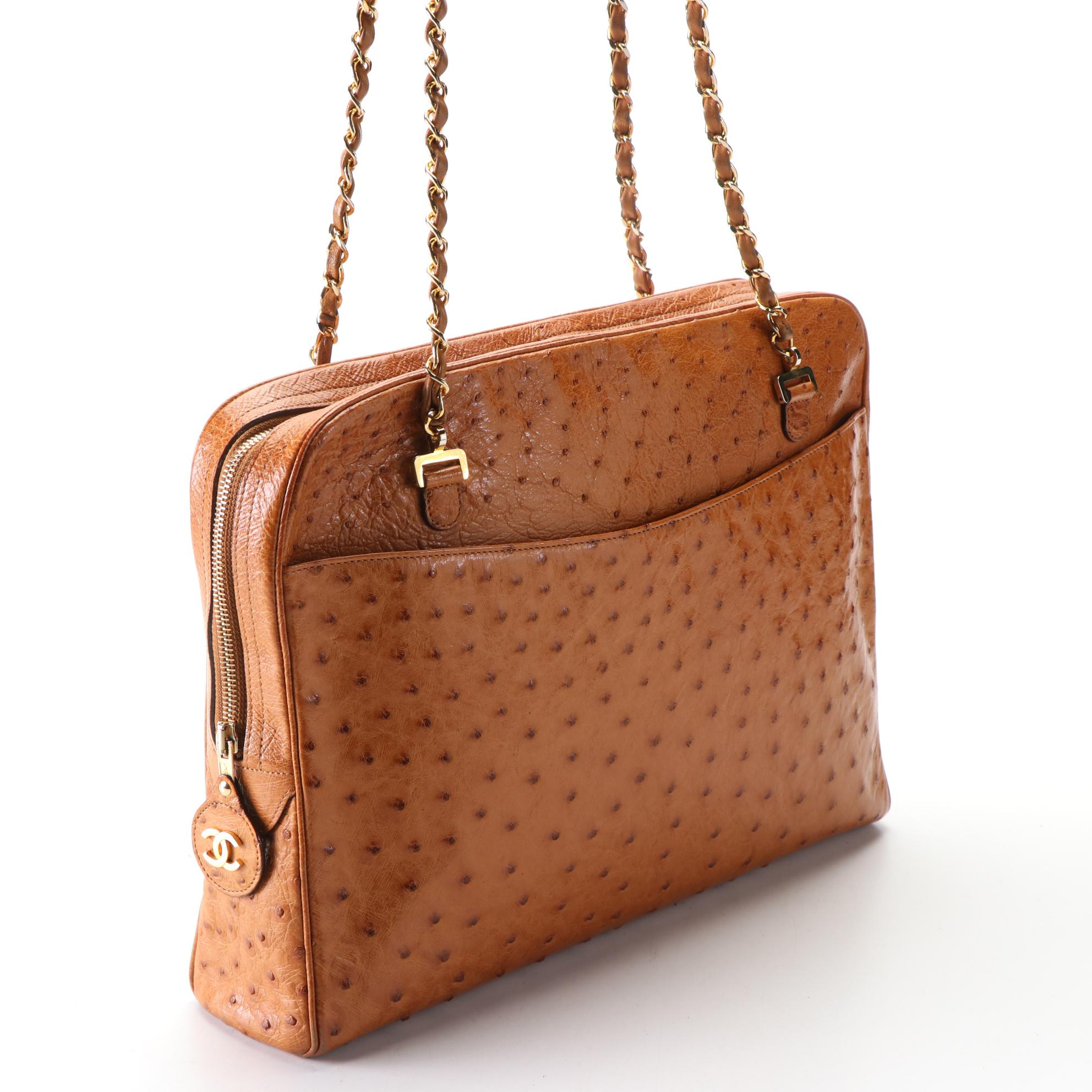 Chanel Ostrich Skin Leather Shoulder Bag with Interwoven Chain Strap