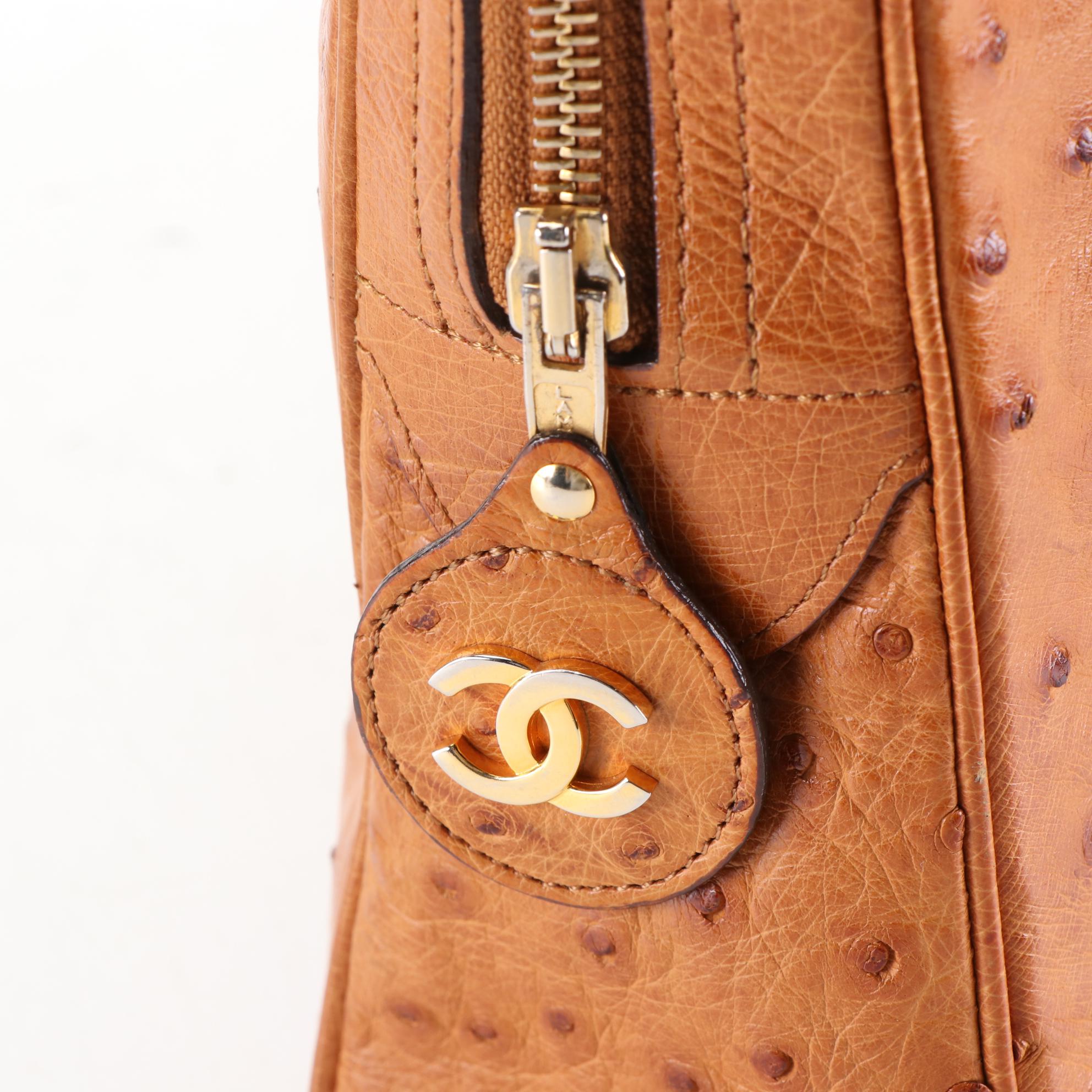 Chanel Ostrich Skin Leather Shoulder Bag with Interwoven Chain Strap