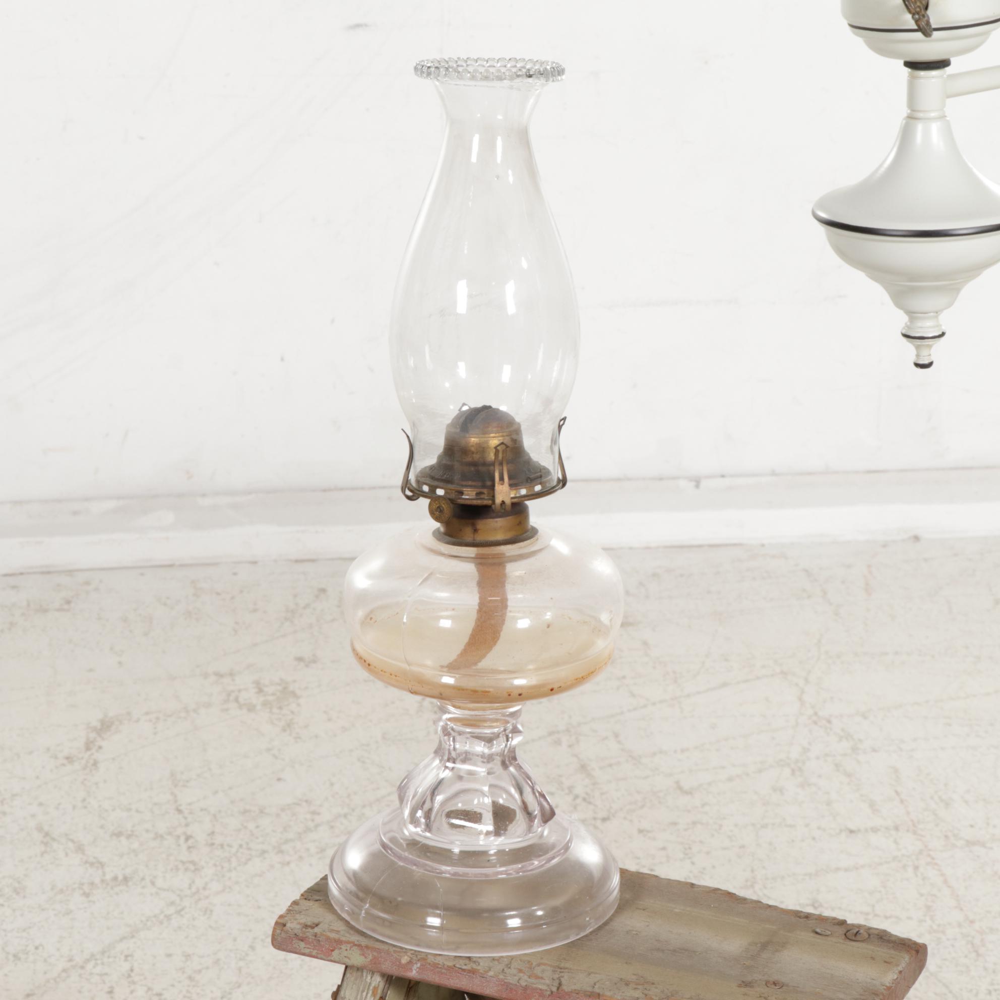 Tole Painted Floor Lamp, Pair of Sad Irons, Wooden Step Ladder, and More