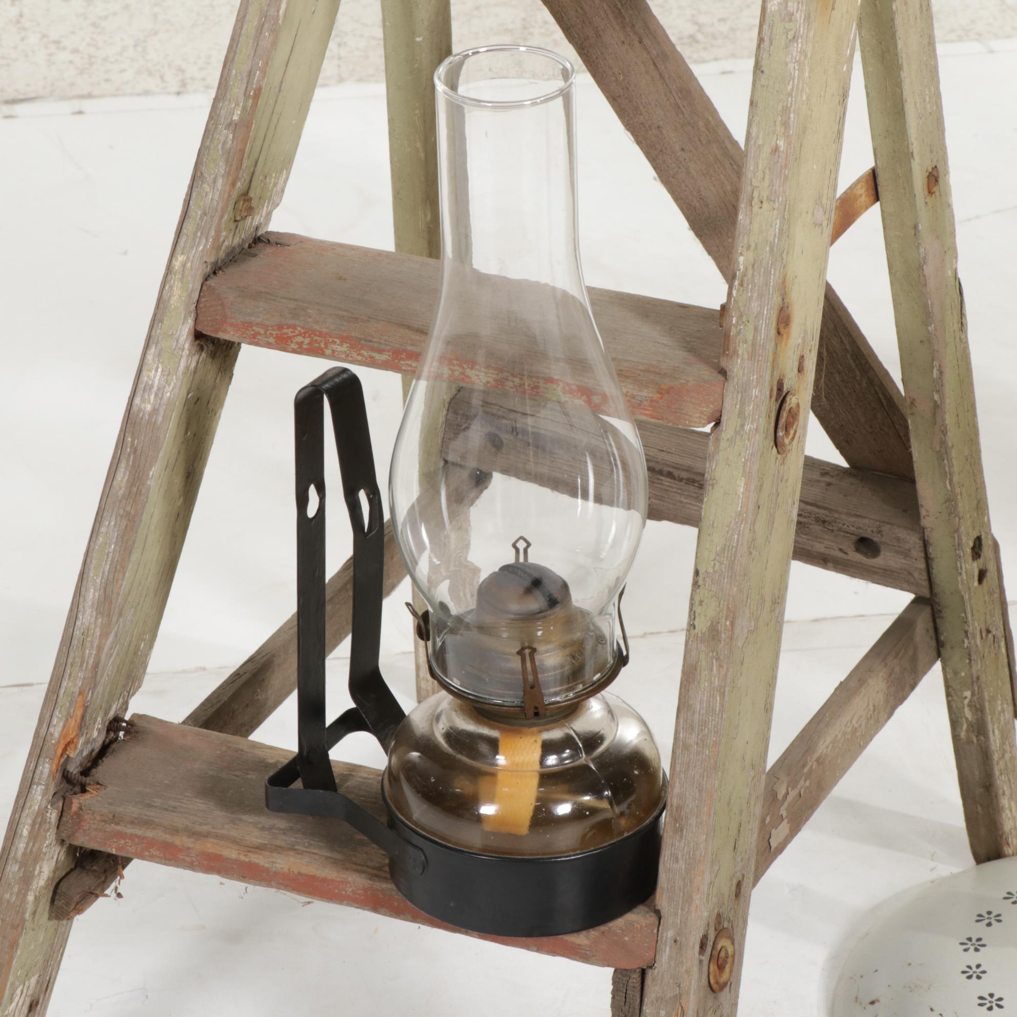 Tole Painted Floor Lamp, Pair of Sad Irons, Wooden Step Ladder, and More