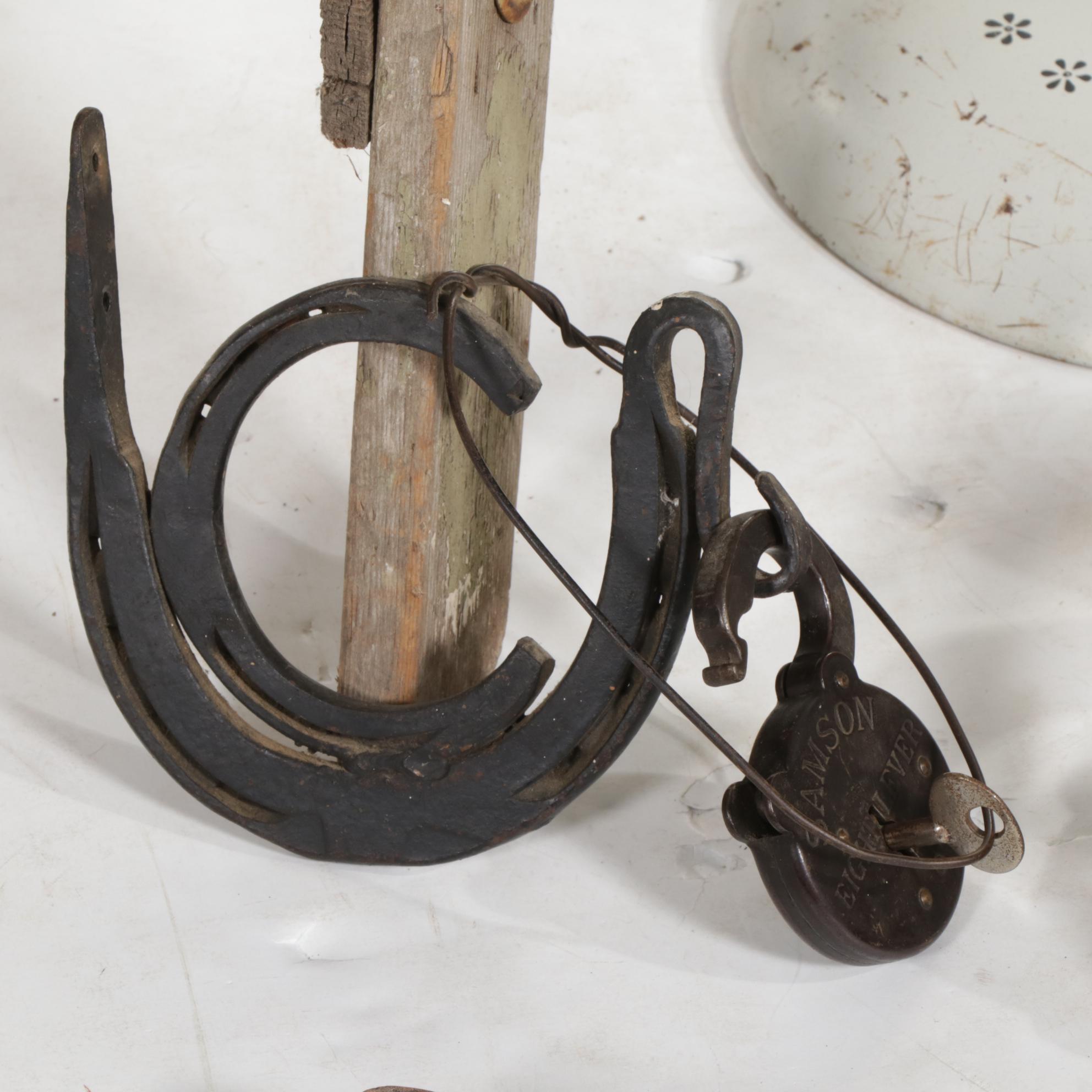 Tole Painted Floor Lamp, Pair of Sad Irons, Wooden Step Ladder, and More