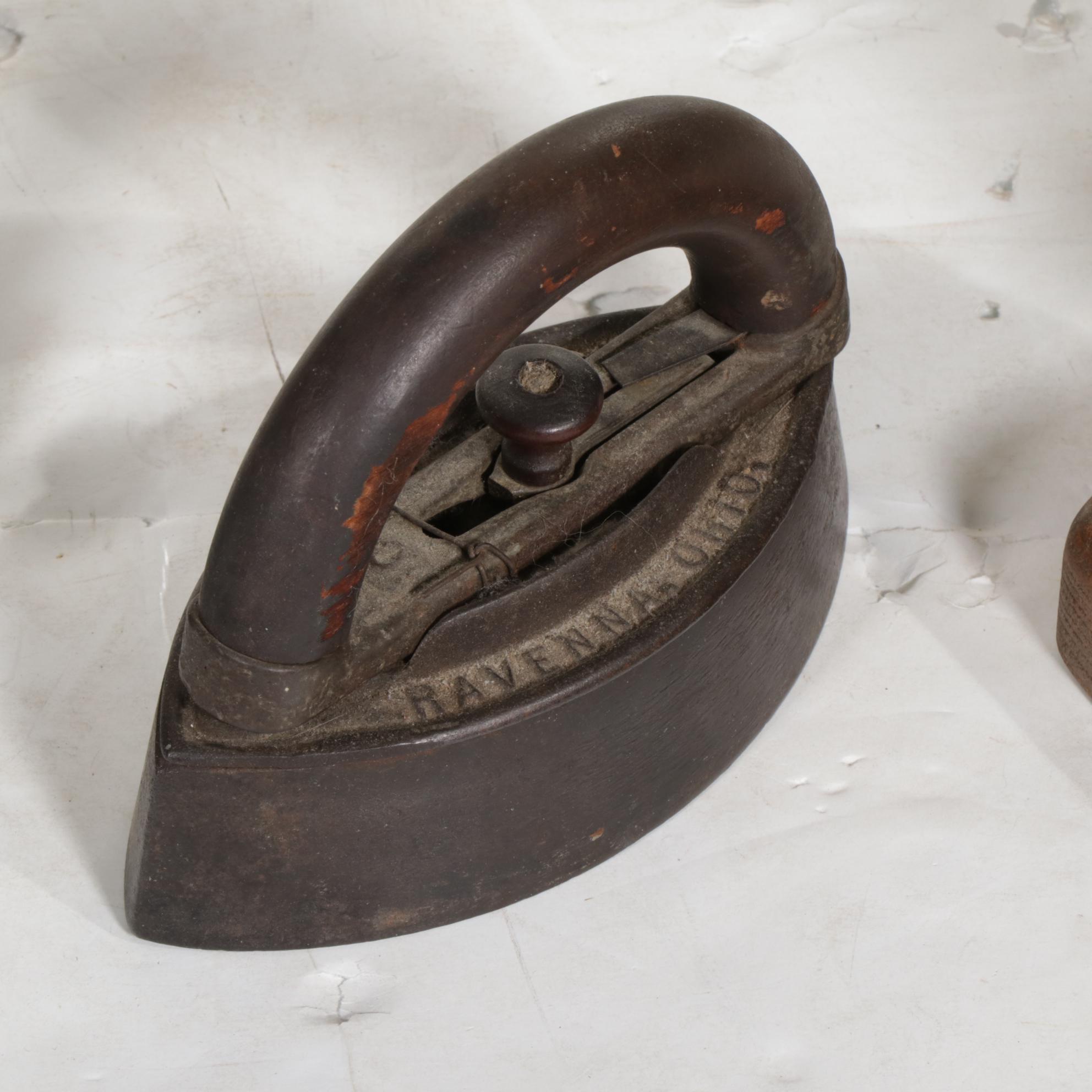 Tole Painted Floor Lamp, Pair of Sad Irons, Wooden Step Ladder, and More