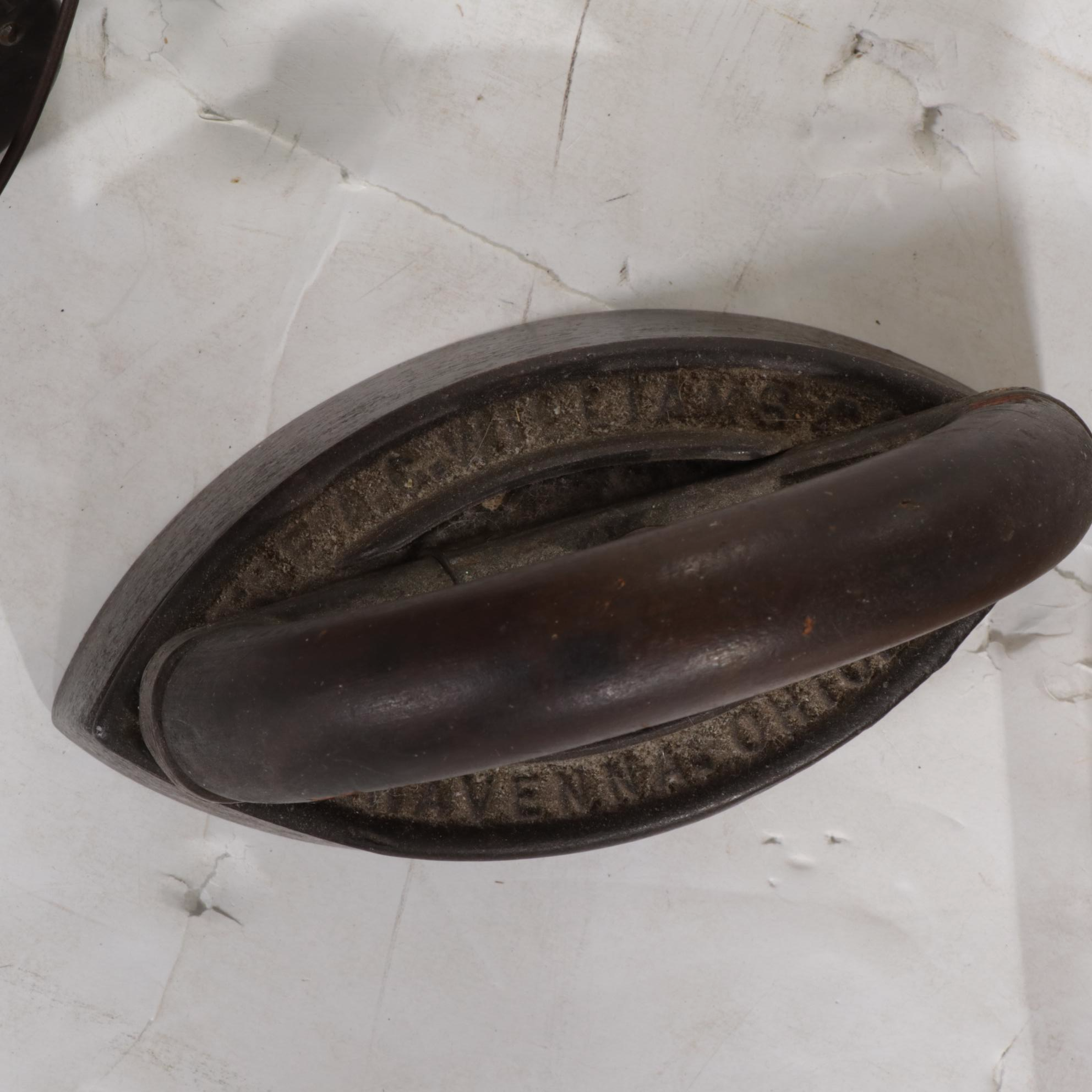 Tole Painted Floor Lamp, Pair of Sad Irons, Wooden Step Ladder, and More