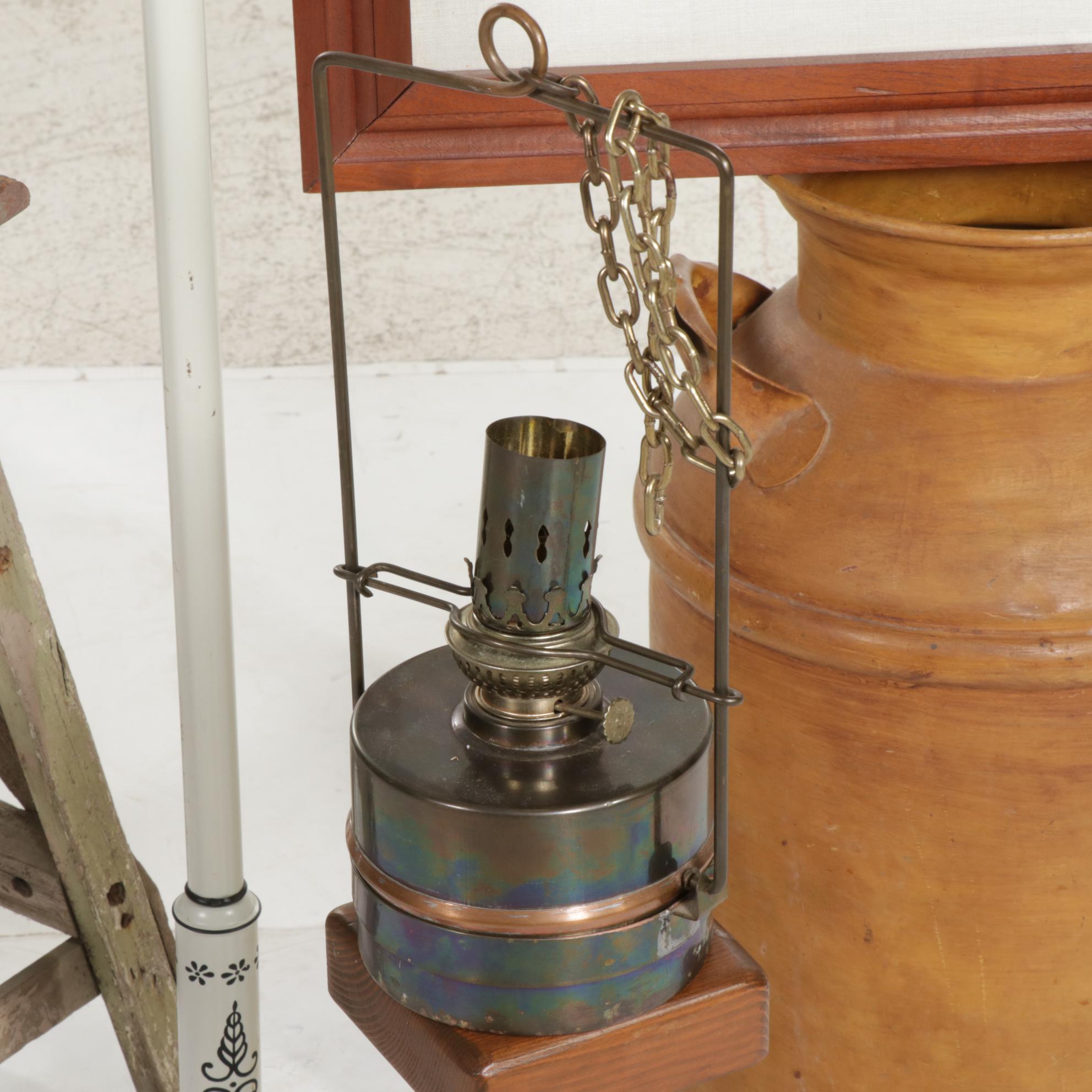 Tole Painted Floor Lamp, Pair of Sad Irons, Wooden Step Ladder, and More