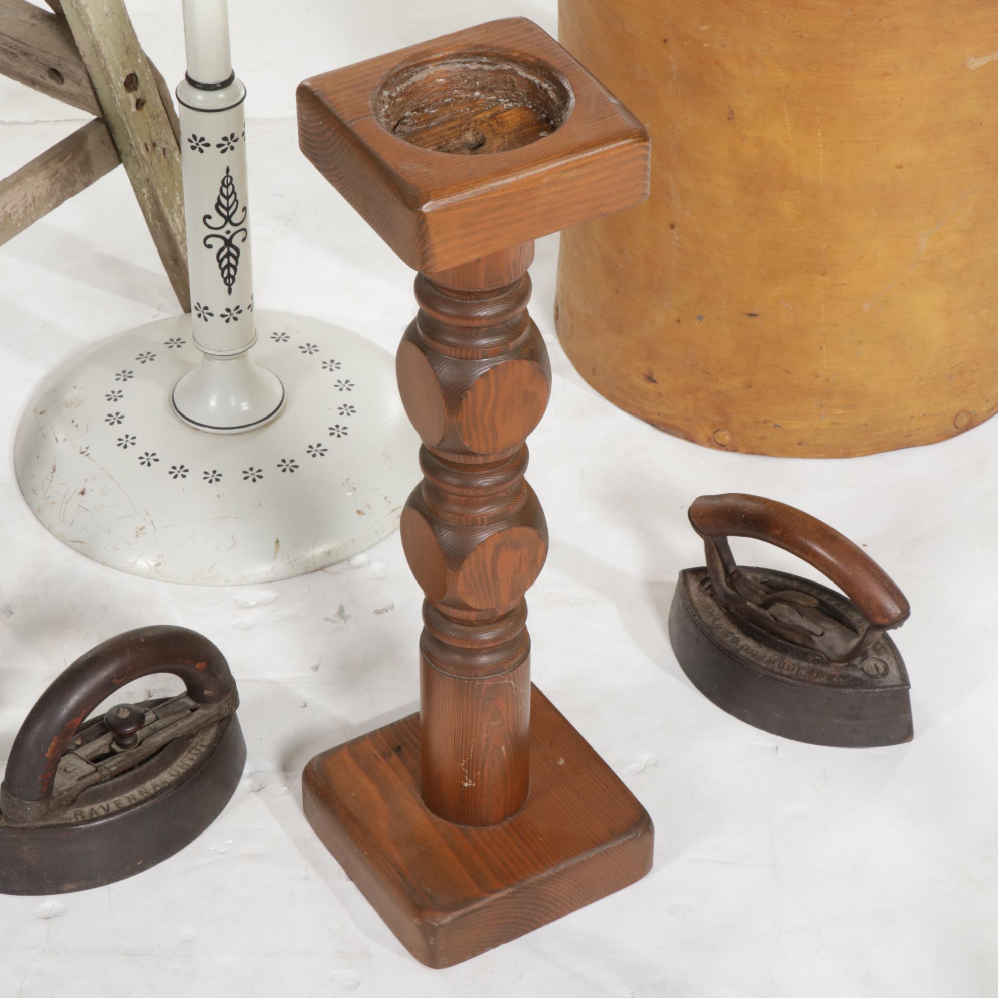 Tole Painted Floor Lamp, Pair of Sad Irons, Wooden Step Ladder, and More