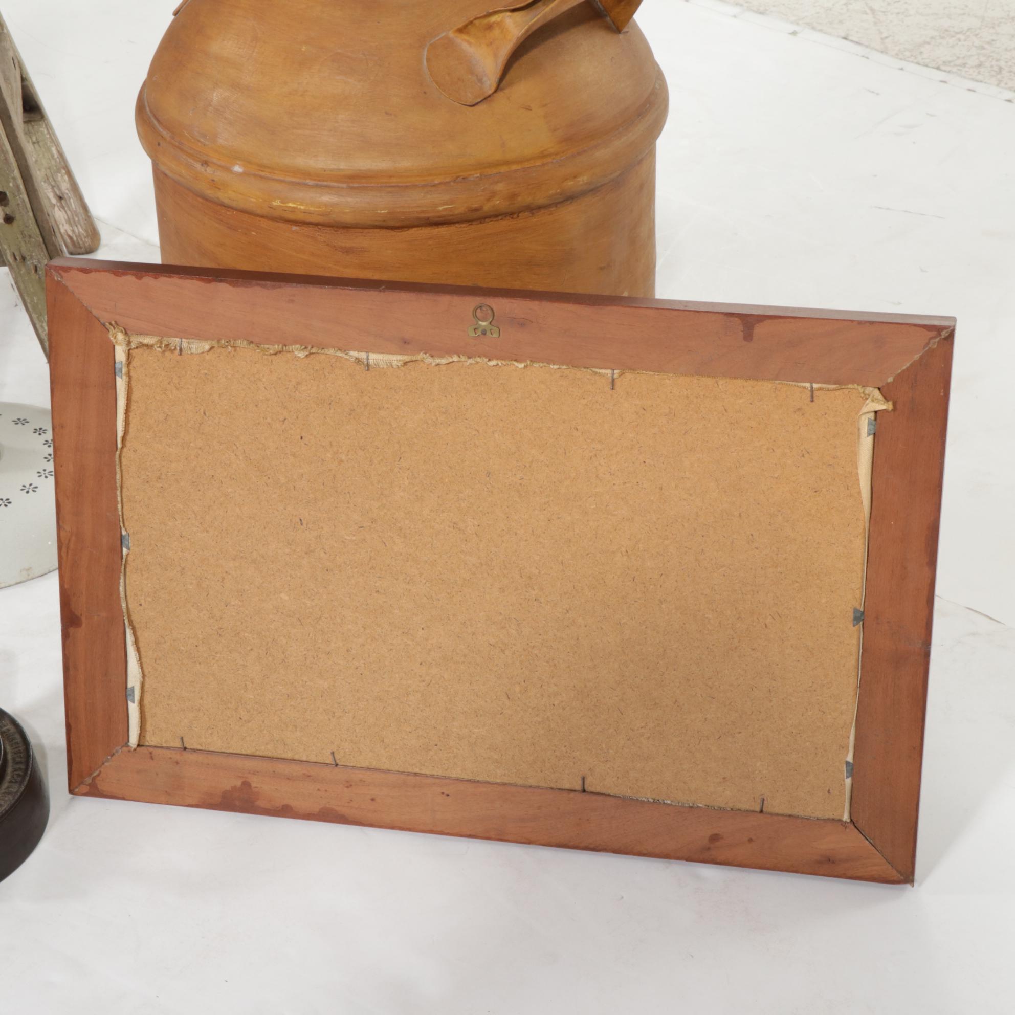 Tole Painted Floor Lamp, Pair of Sad Irons, Wooden Step Ladder, and More