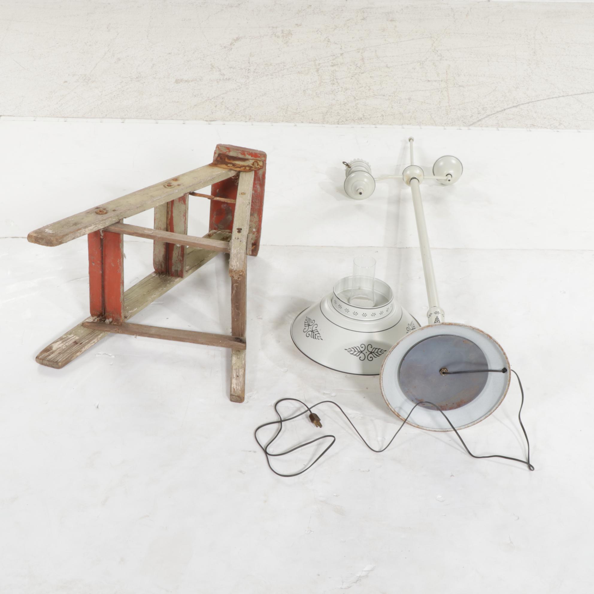 Tole Painted Floor Lamp, Pair of Sad Irons, Wooden Step Ladder, and More