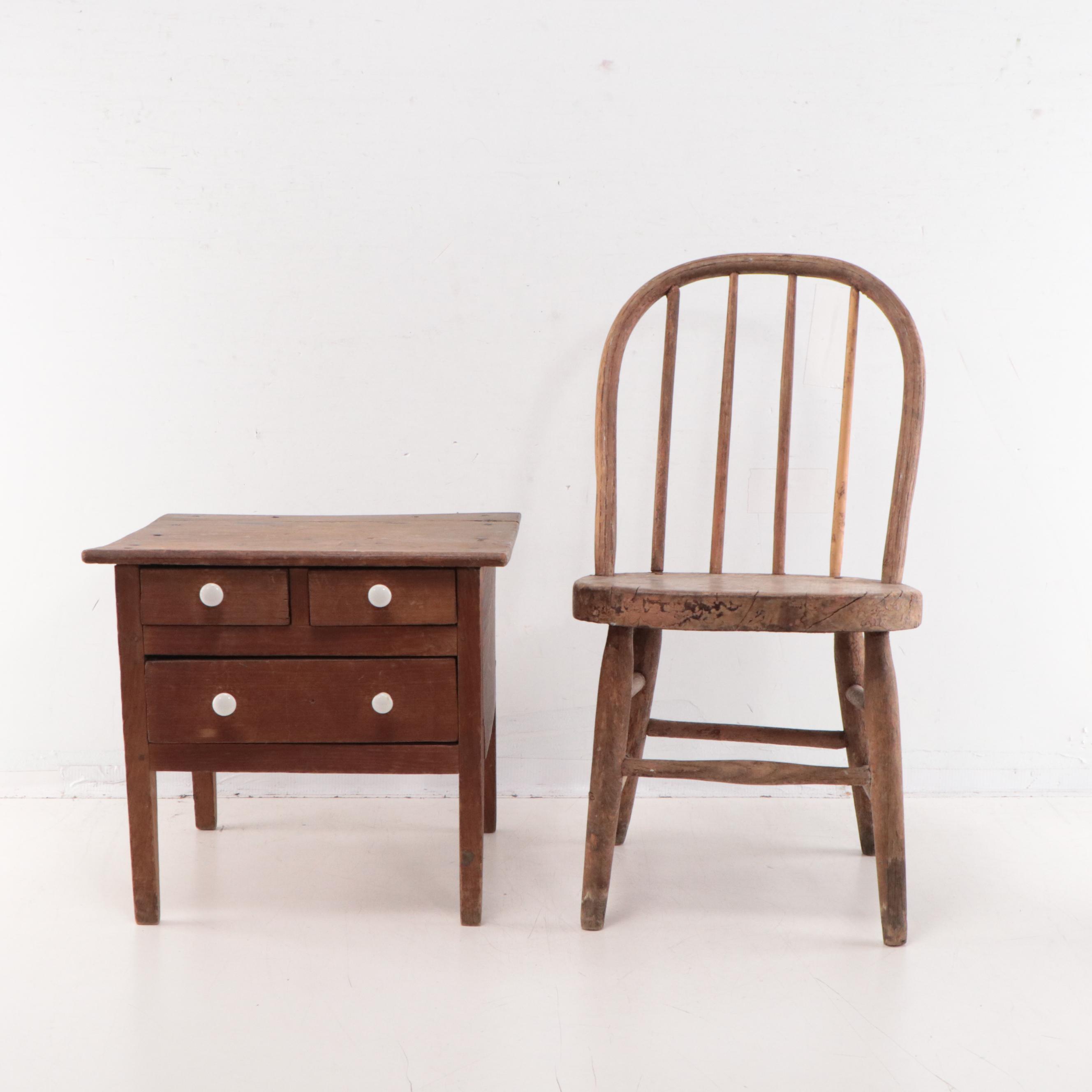Metal Decorative Boxes, Child's Chair & End Table, and Toy Dog