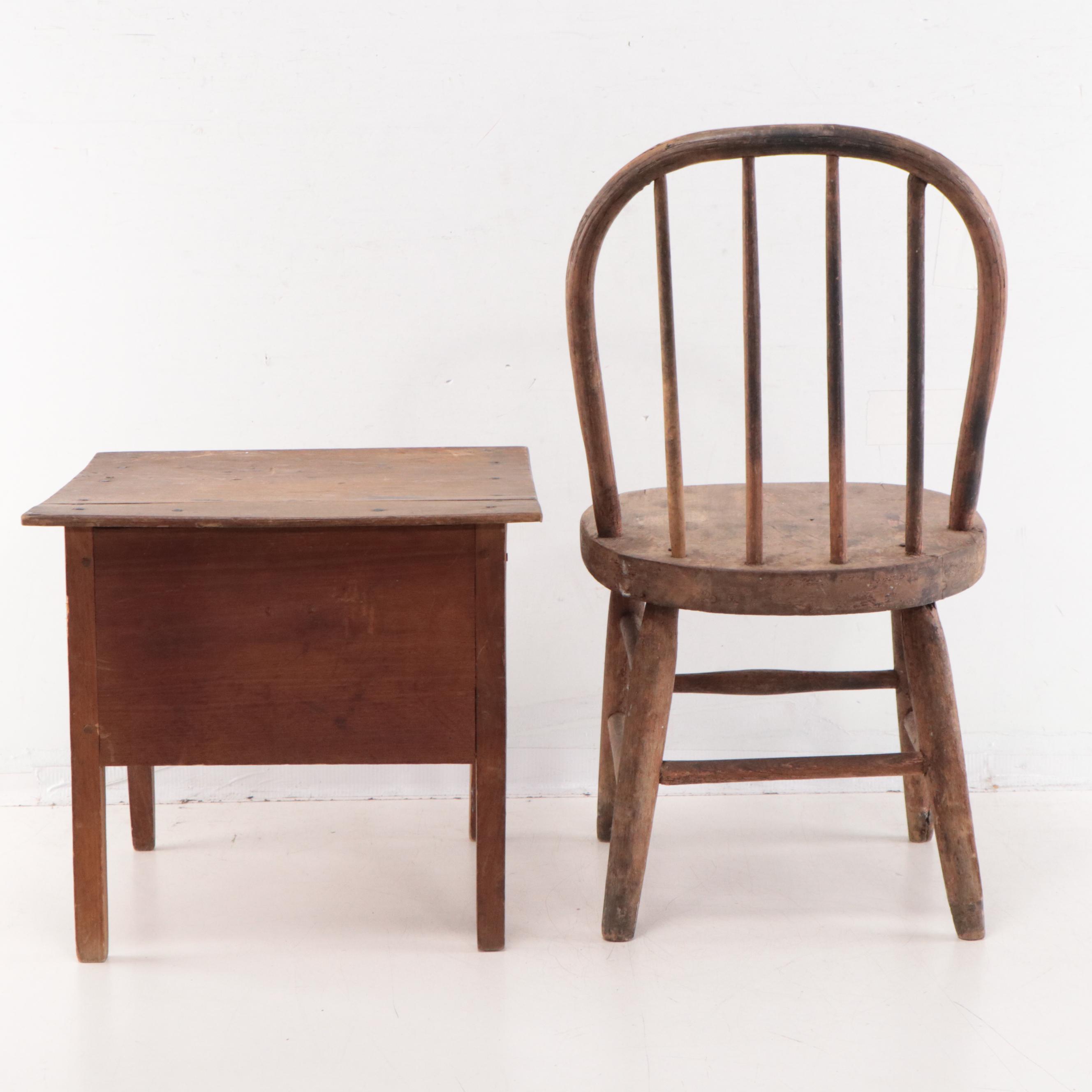 Metal Decorative Boxes, Child's Chair & End Table, and Toy Dog