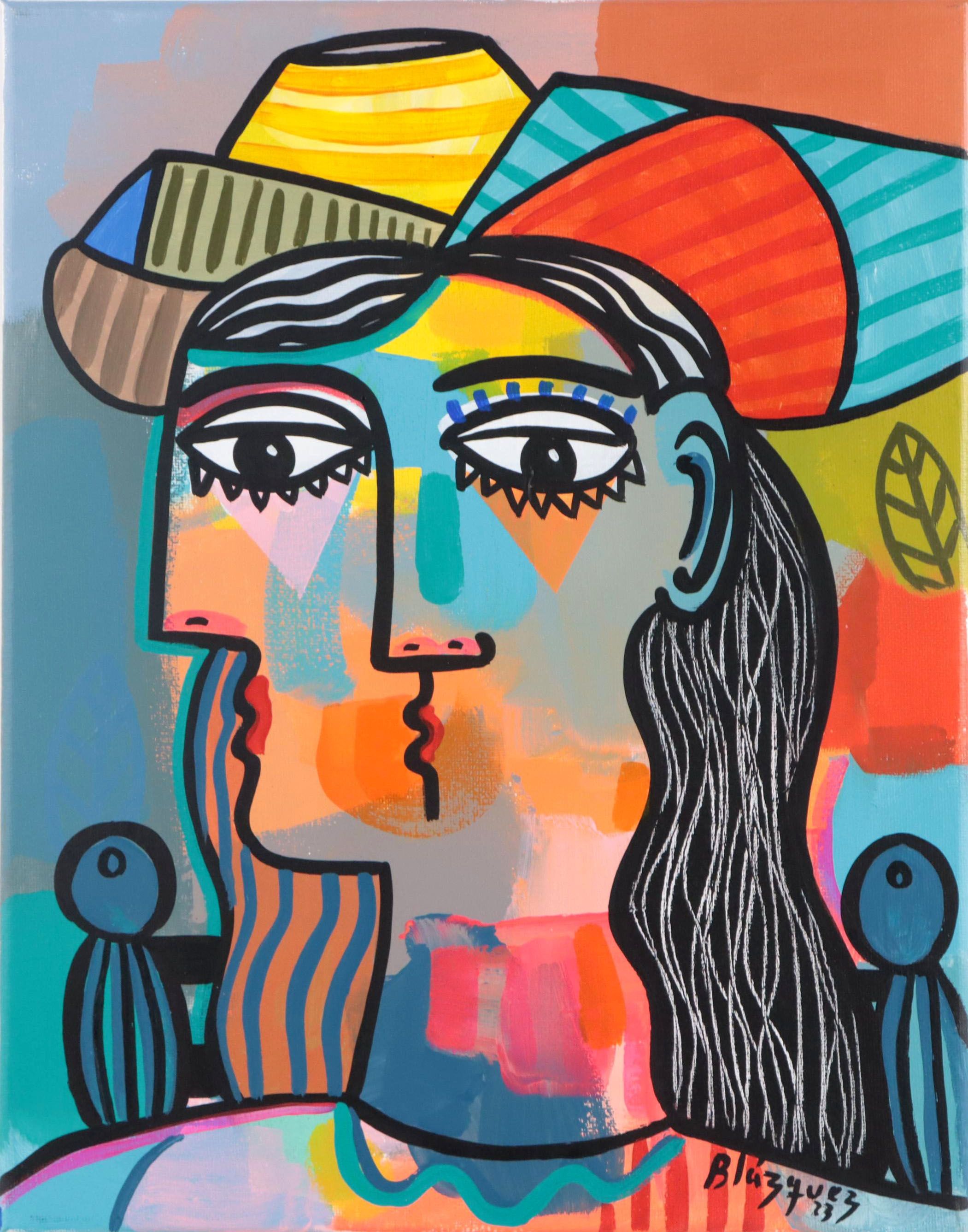 Michel Blázquez Acrylic Painting "Sitting Woman with Hat," 2023