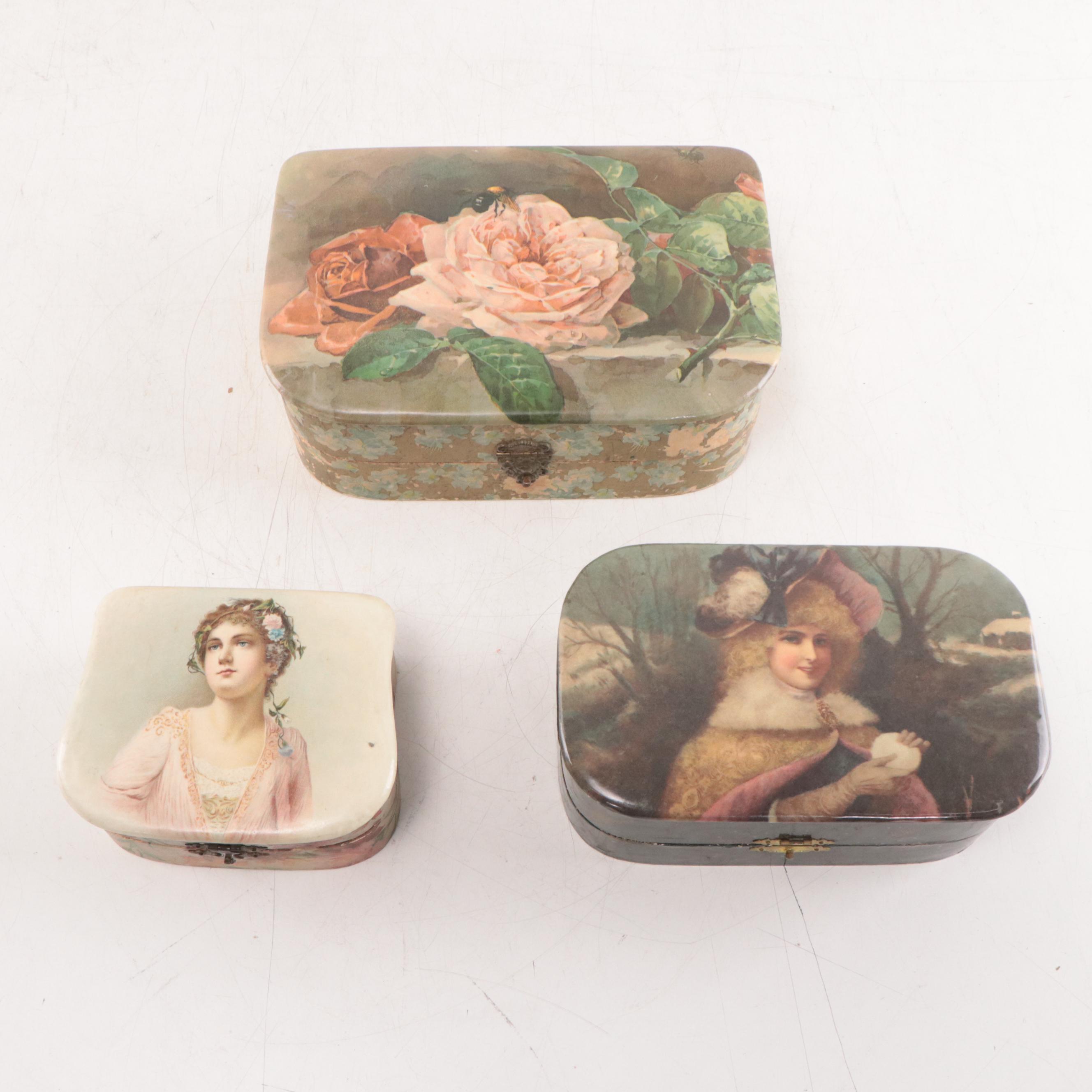 Metal Decorative Boxes, Child's Chair & End Table, and Toy Dog