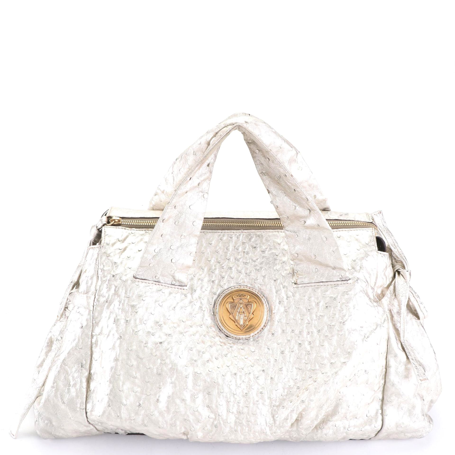 Gucci Hysteria Metallic Ostrich Skin Leather Hobo Bag