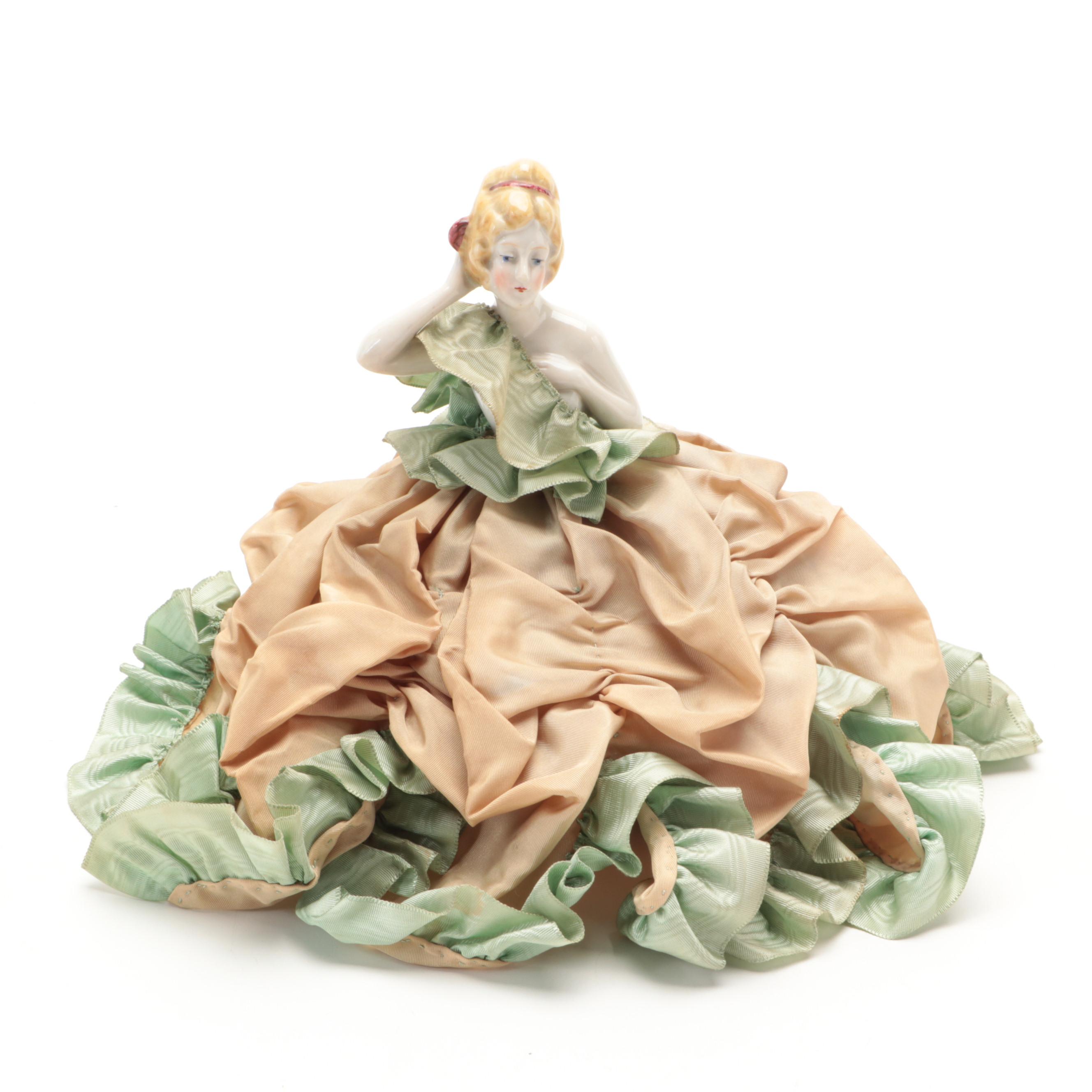 German Porcelain Half Dolls and Pin Cushion with Lefton Porcelain Figurines