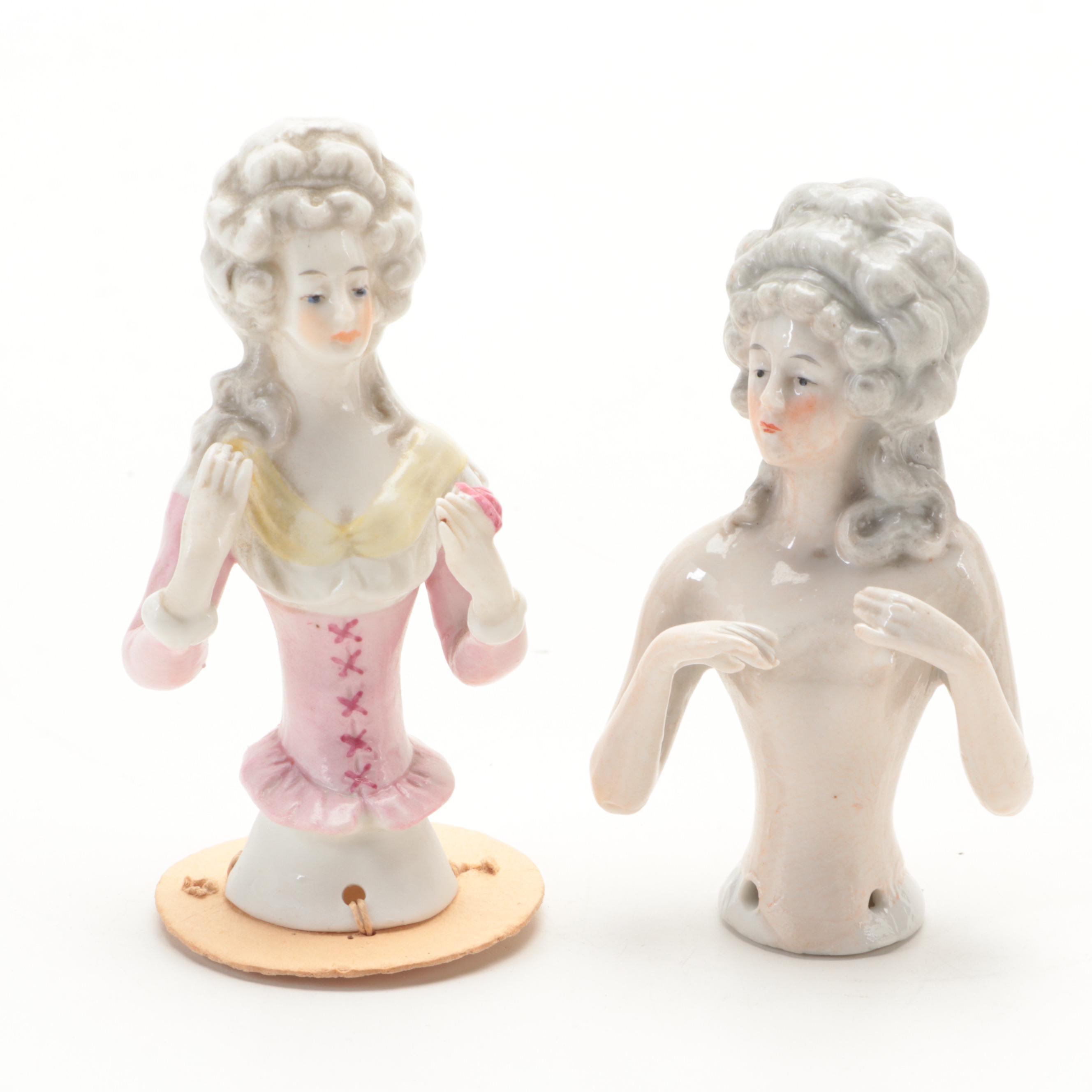 German Porcelain Half Dolls and Pin Cushion with Lefton Porcelain Figurines