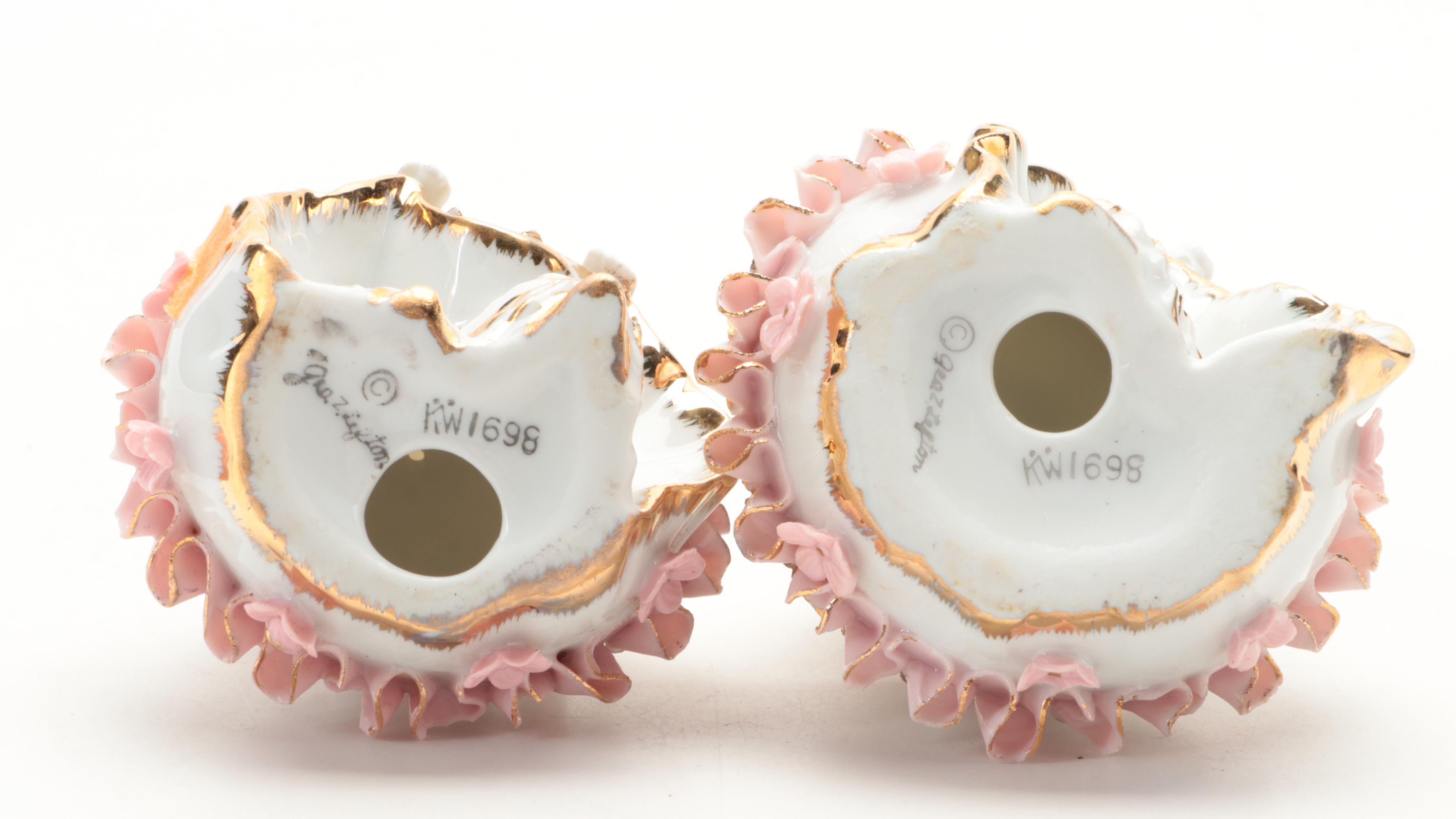 German Porcelain Half Dolls and Pin Cushion with Lefton Porcelain Figurines