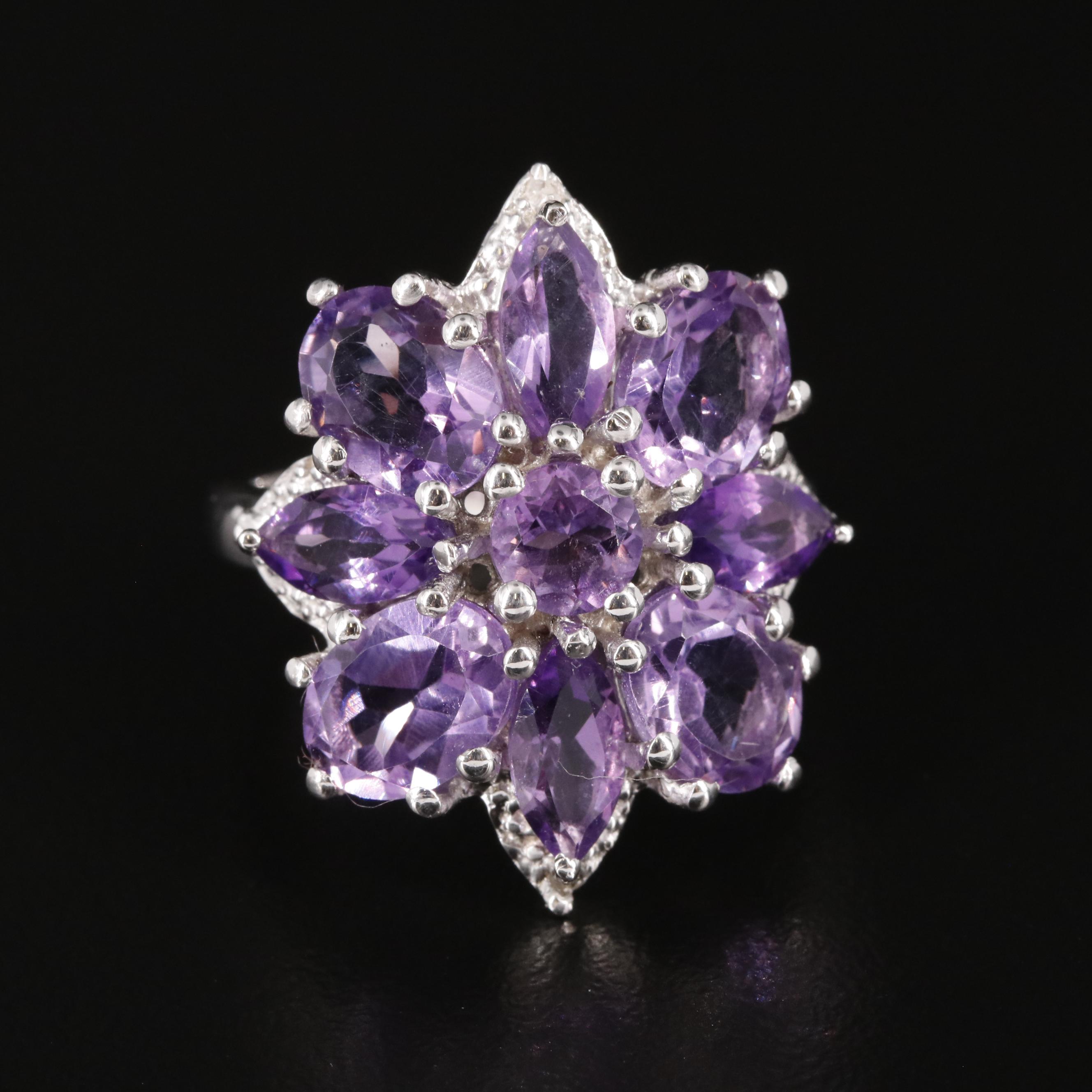 Sterling Amethyst and White Topaz Cluster Ring