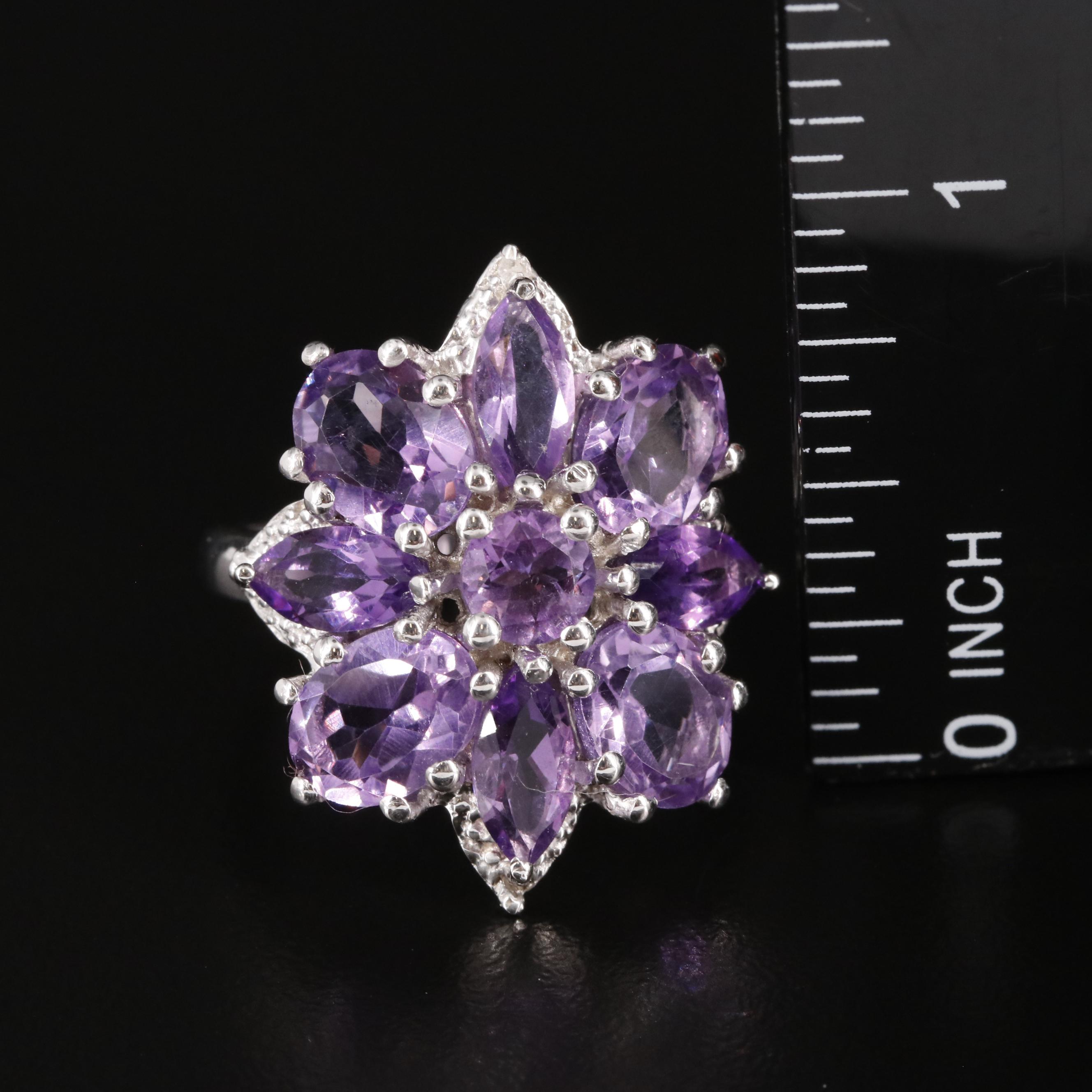 Sterling Amethyst and White Topaz Cluster Ring